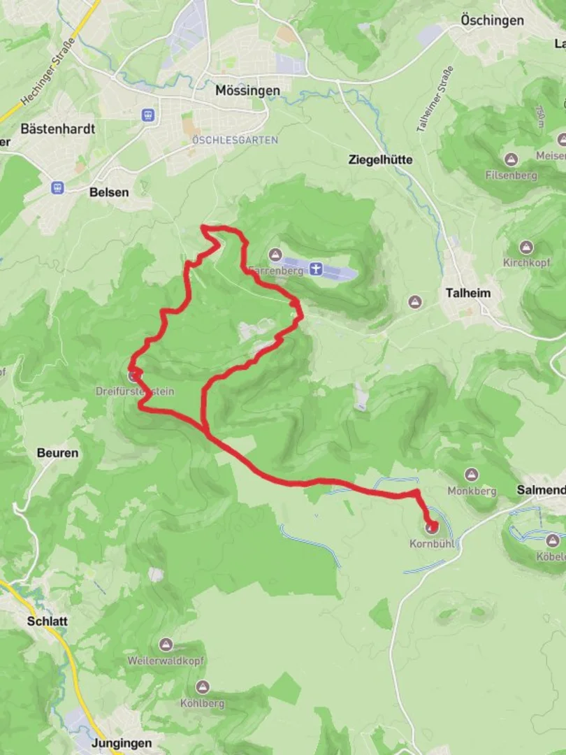 An image depicting the trail Olgahohe and Kornbuhl Loop and its surrounding area.