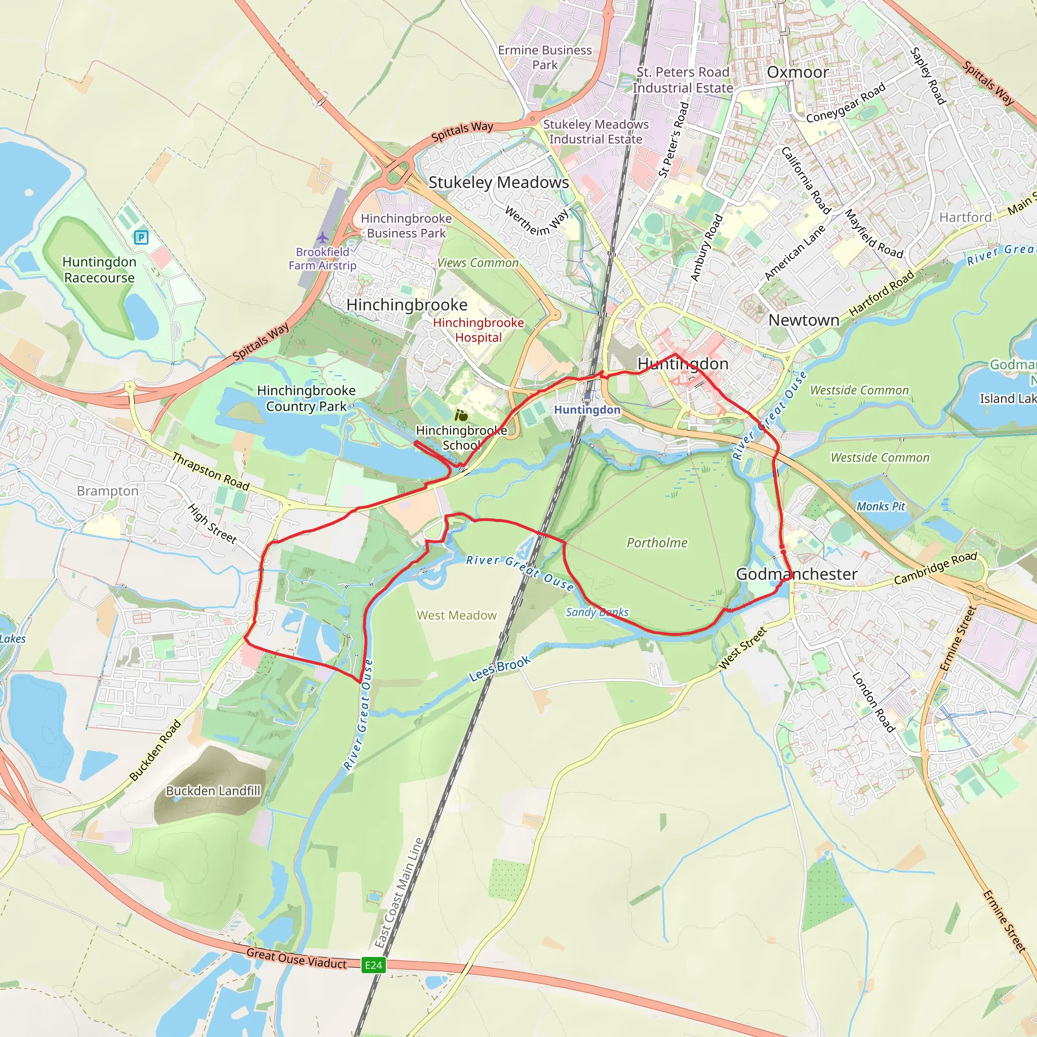 Godmanchester and Huntingdon Loop via River Great Ouse mobile static map