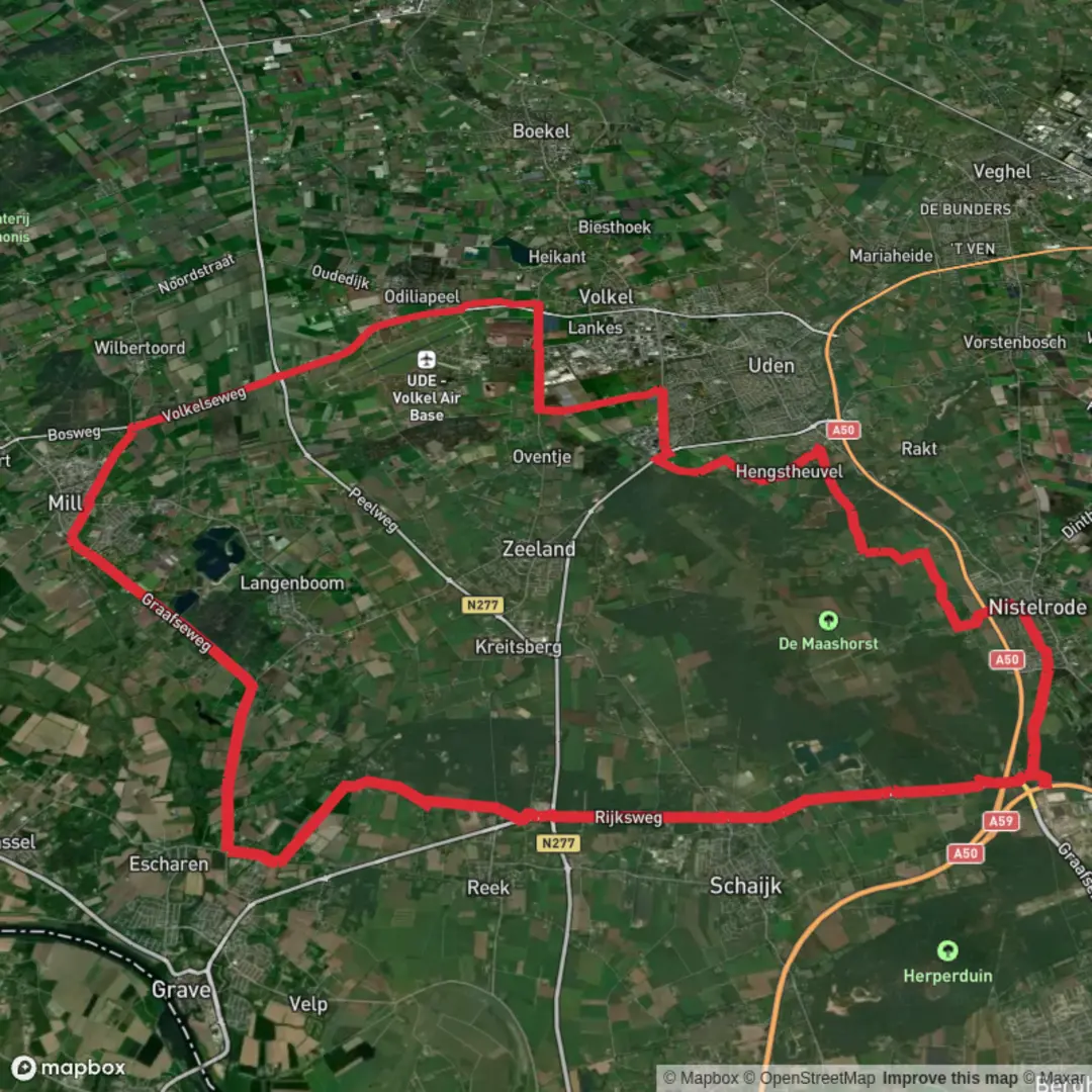 An image depicting the trail De Kuilen and Udenoord via Rijksweg and Hoogeweg and its surrounding area.