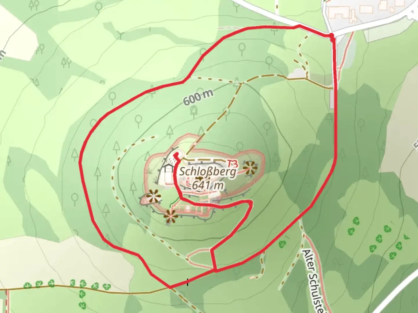 An image depicting the trail Schloßberg Loop via Ewilpa Essbarer Wildpflanzenweg and its surrounding area.