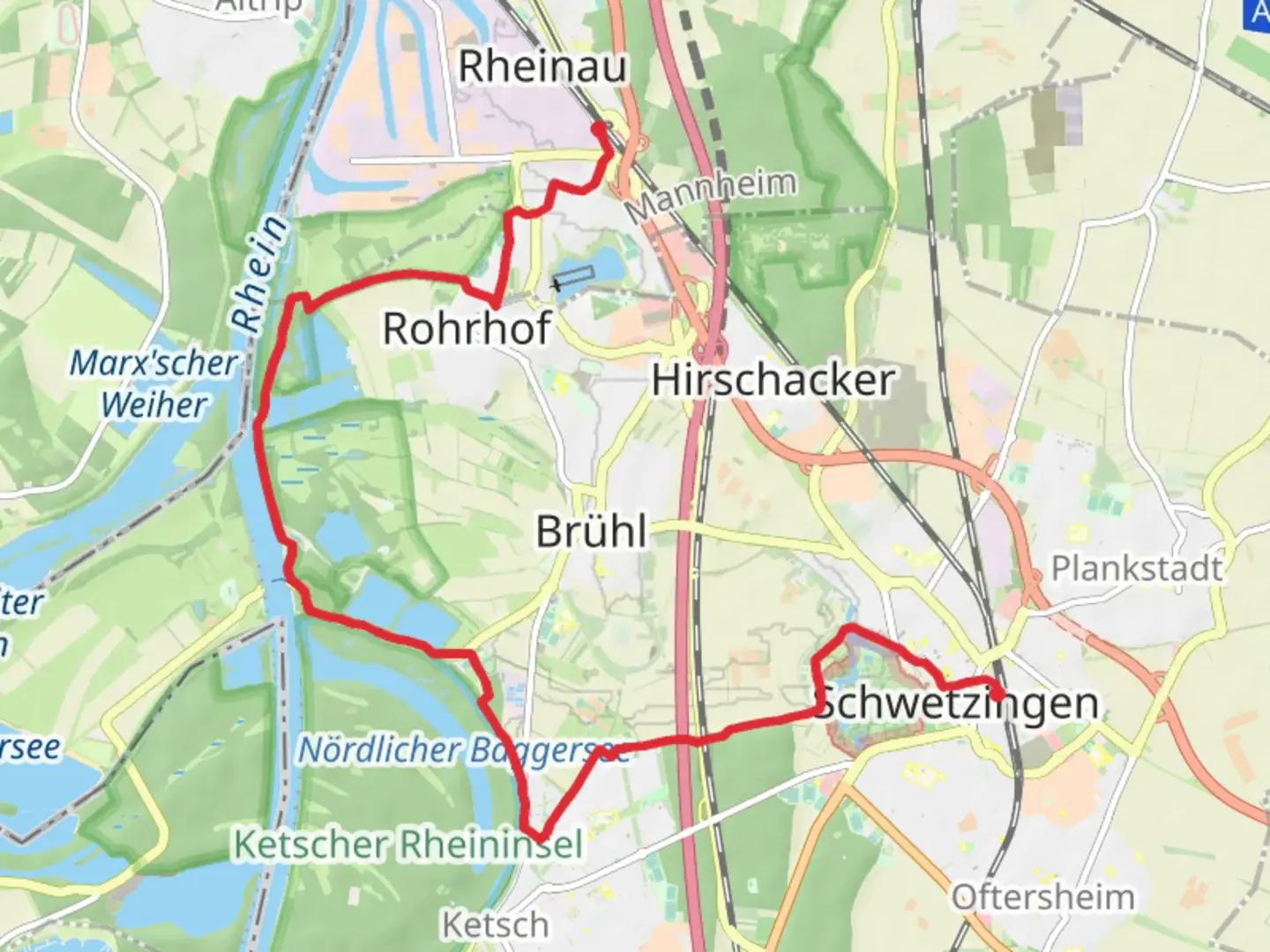 An image depicting the trail Schwetzingen to Rheinau Walk and its surrounding area.
