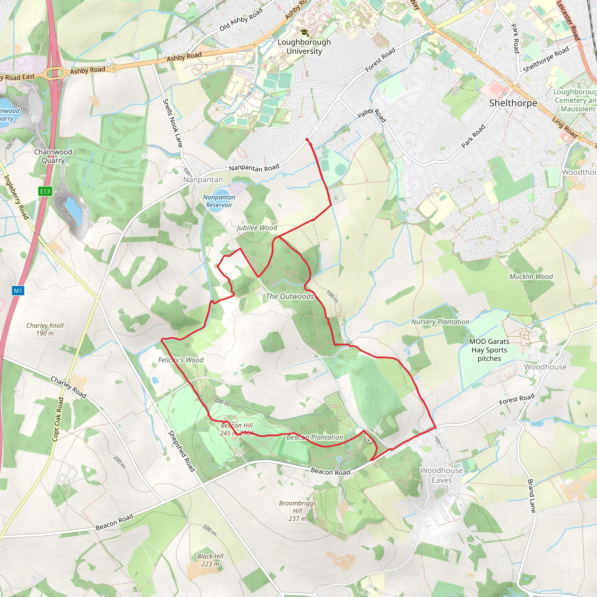 Out Wood and Beacon Hill from Loughborough mobile static map