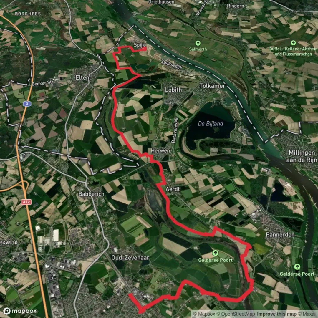 An image depicting the trail Zevenaar to Willibrordusweg via Oude Rijnstrangen and Zandwinning and its surrounding area.