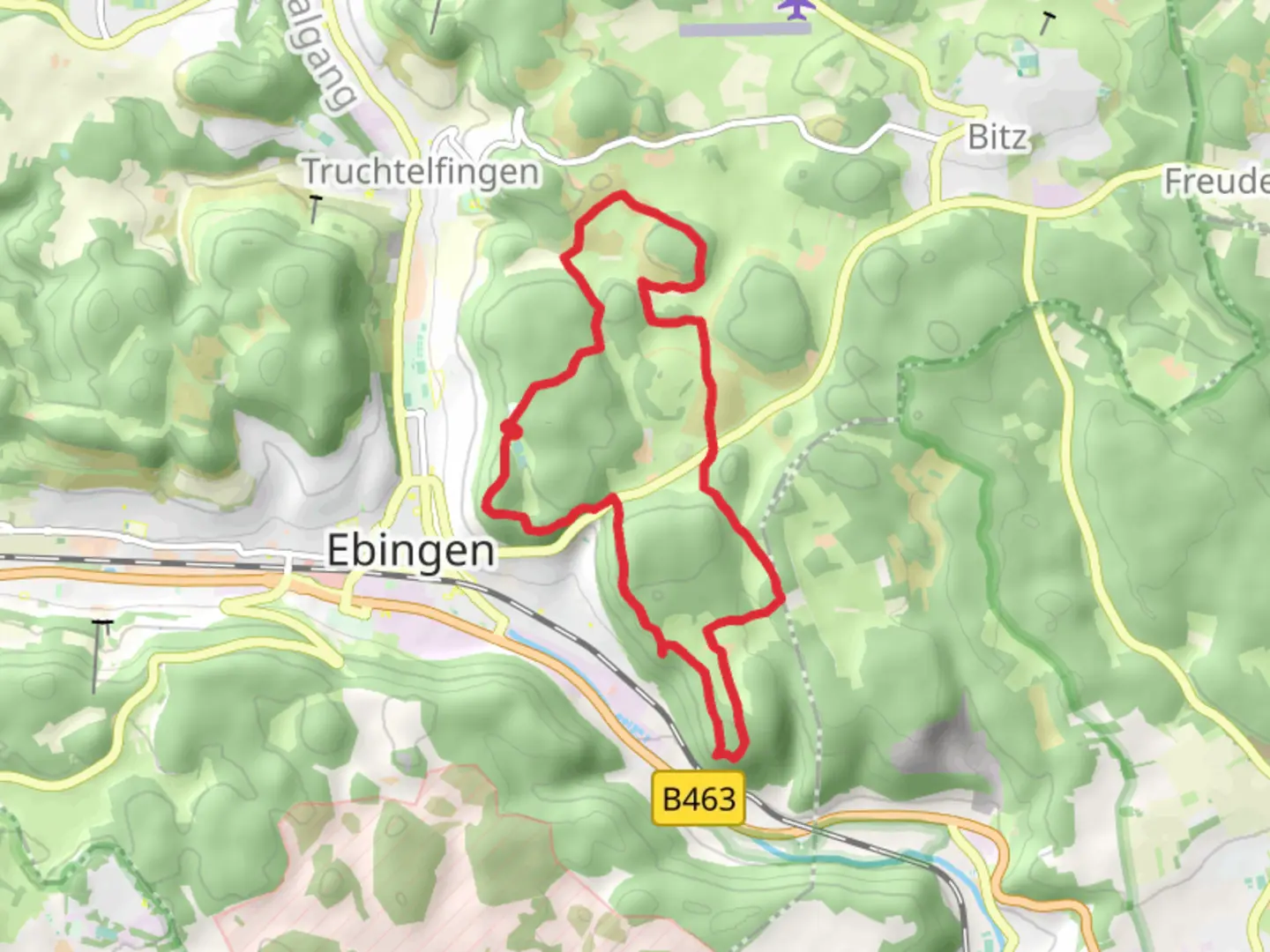 An image depicting the trail Muhlenfels, Galgenfelsen, Schleicherhuette and Schlossfelsen via Heinlochsträßchen and its surrounding area.