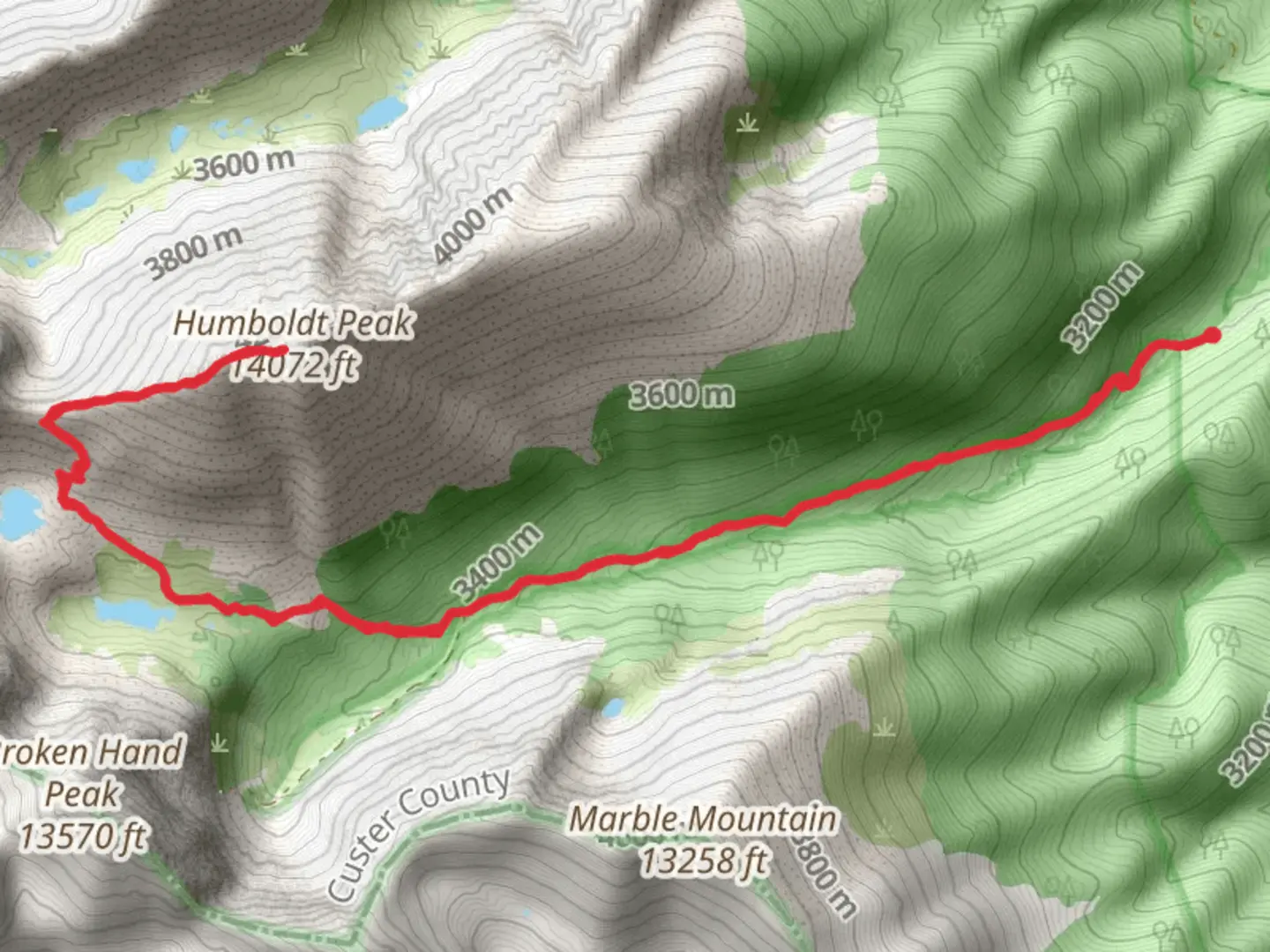 An image depicting the trail Humboldt Peak via South Colony Creek and its surrounding area.