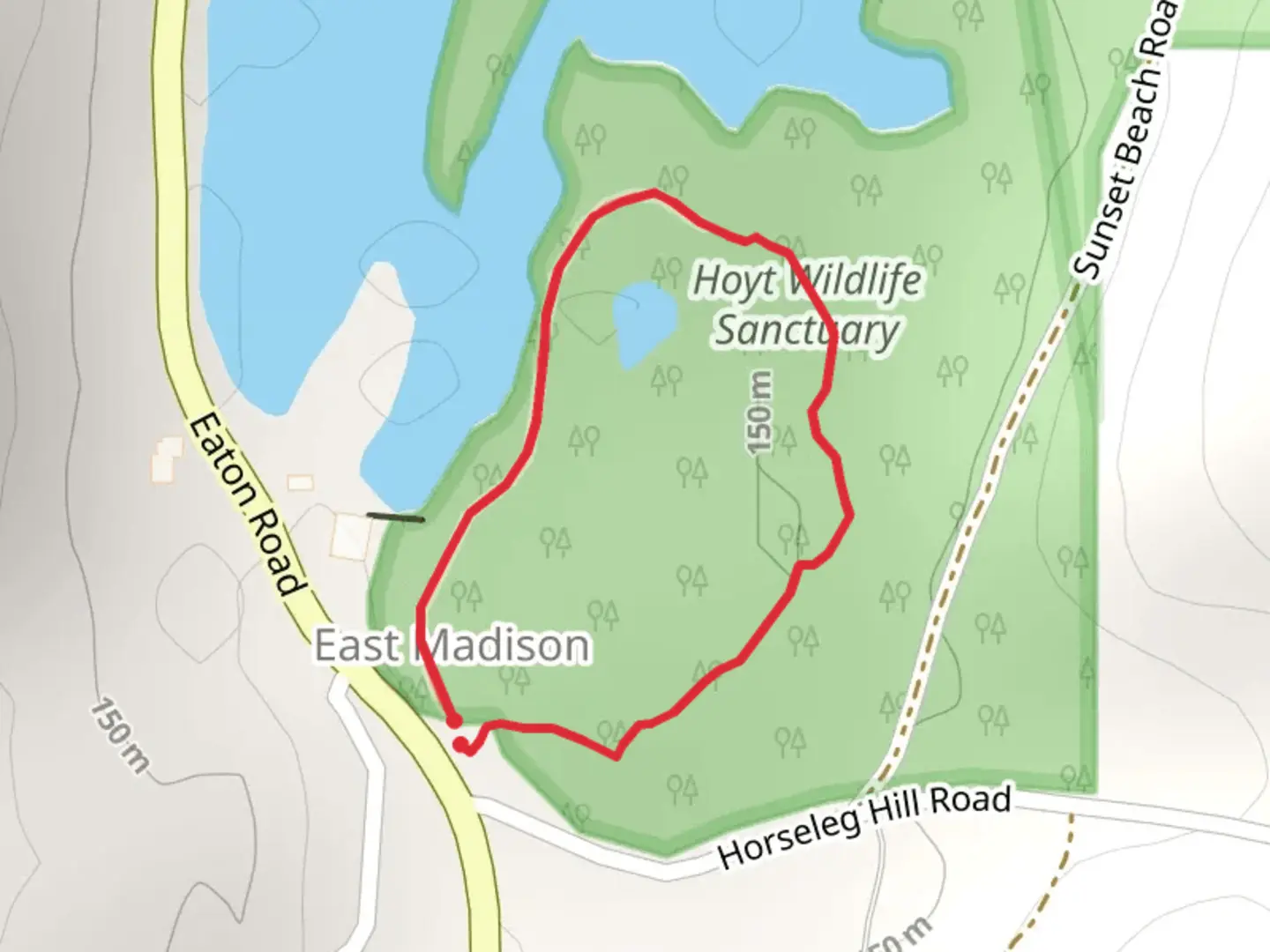 An image depicting the trail Hoyt Wildlife Sanctuary Loop Trail and its surrounding area.