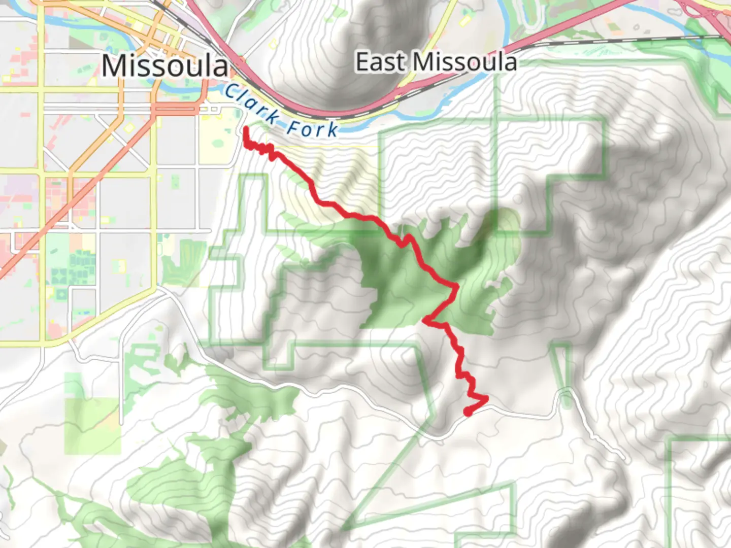 An image depicting the trail Mount Sentinel via Hellgate Ridgeline Out and Back and its surrounding area.