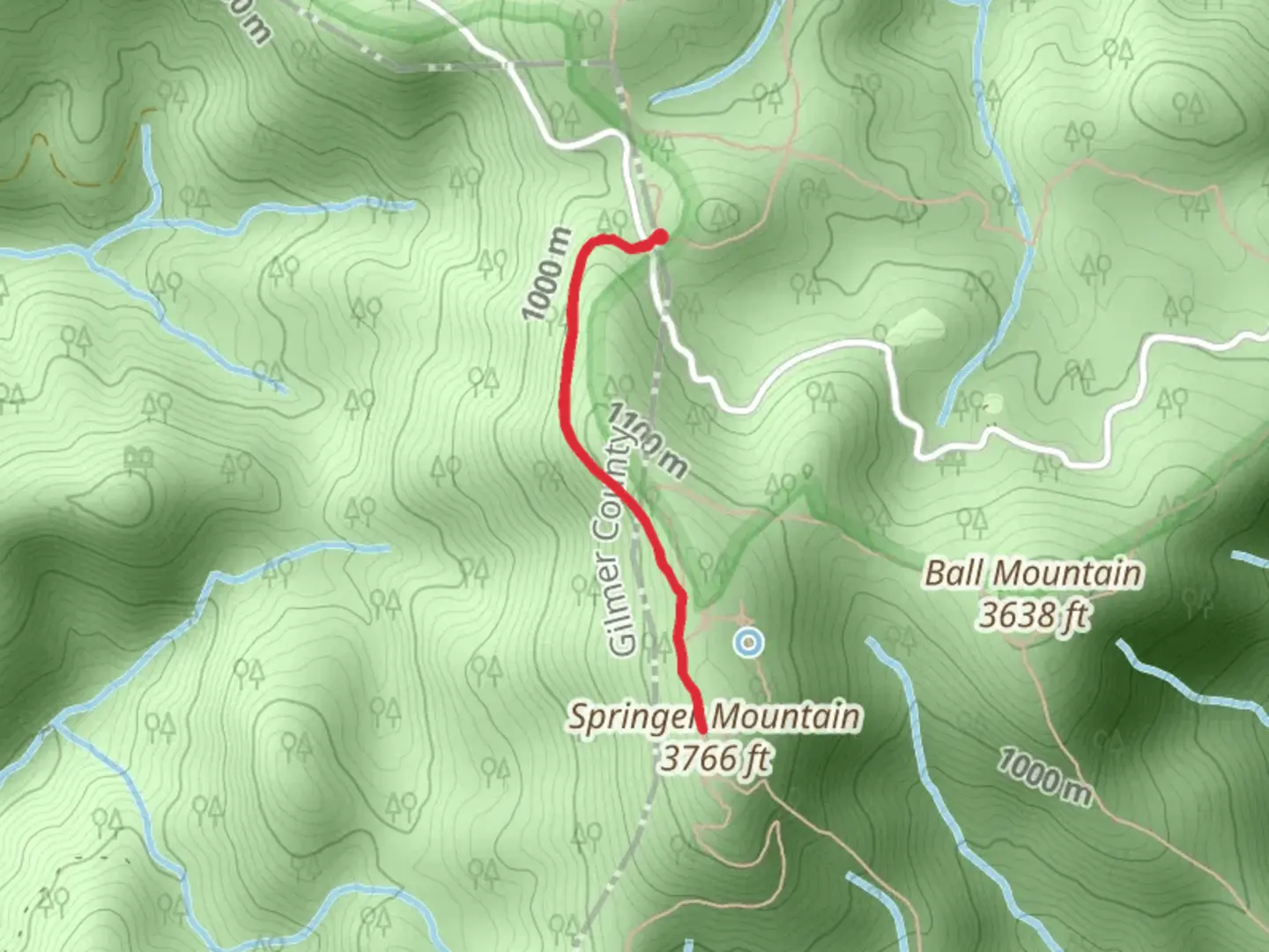 An image depicting the trail Springer Mountain via Appalachian Trail and its surrounding area.