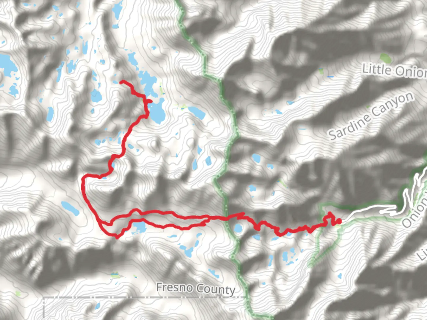 An image depicting the trail Kearsarge Pass Trail, Big Seki and Bullfrog Lake Loop Trail and its surrounding area.