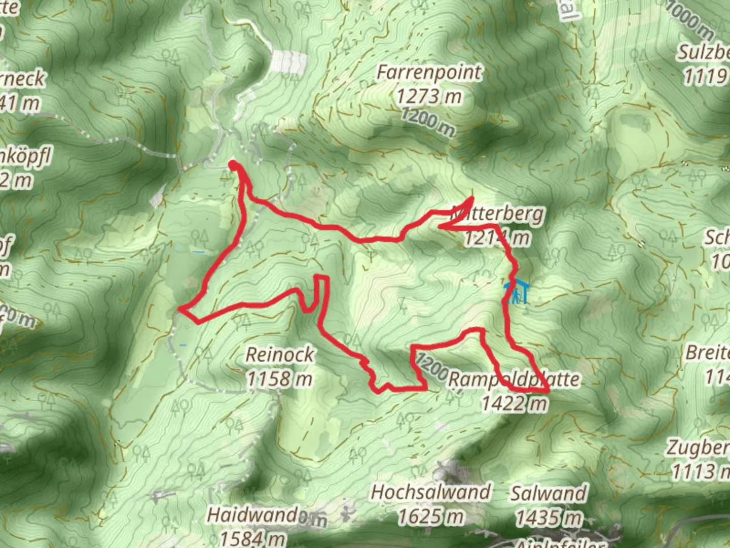 An image depicting the trail Rampoldplatte and Mitterberg via Ueber Stock und Stein and Bad Feilnbach and its surrounding area.