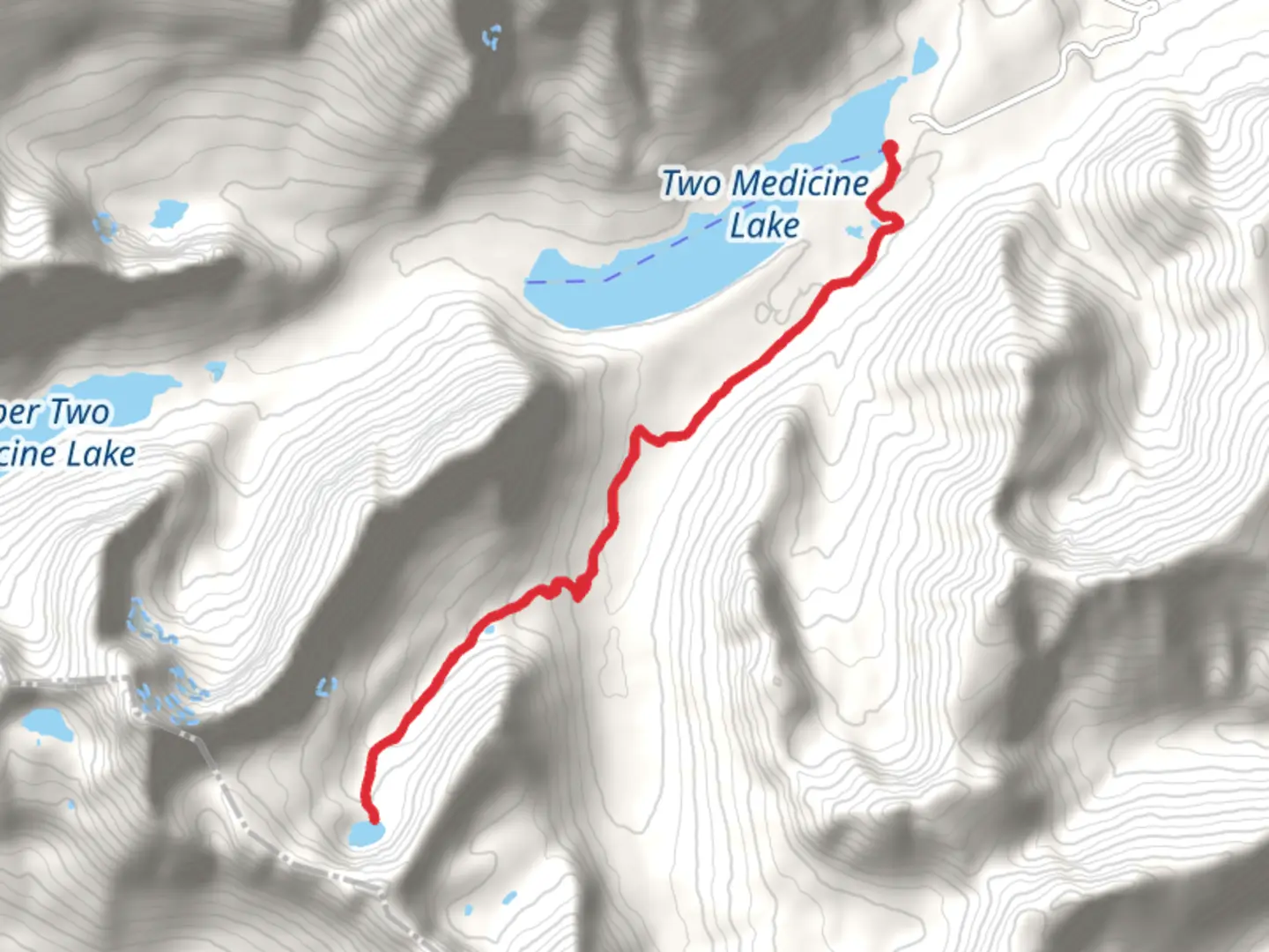 An image depicting the trail Cobalt Lake via Two Medicine South Shore and its surrounding area.