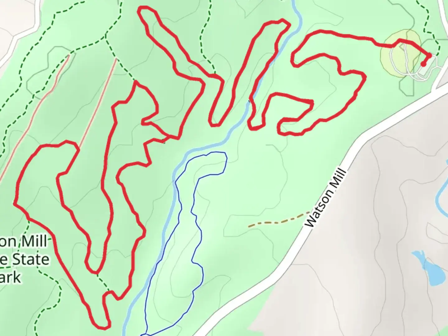 An image depicting the trail Horse Trail 4 and 6 in Watson Mill Bridge State Park and its surrounding area.
