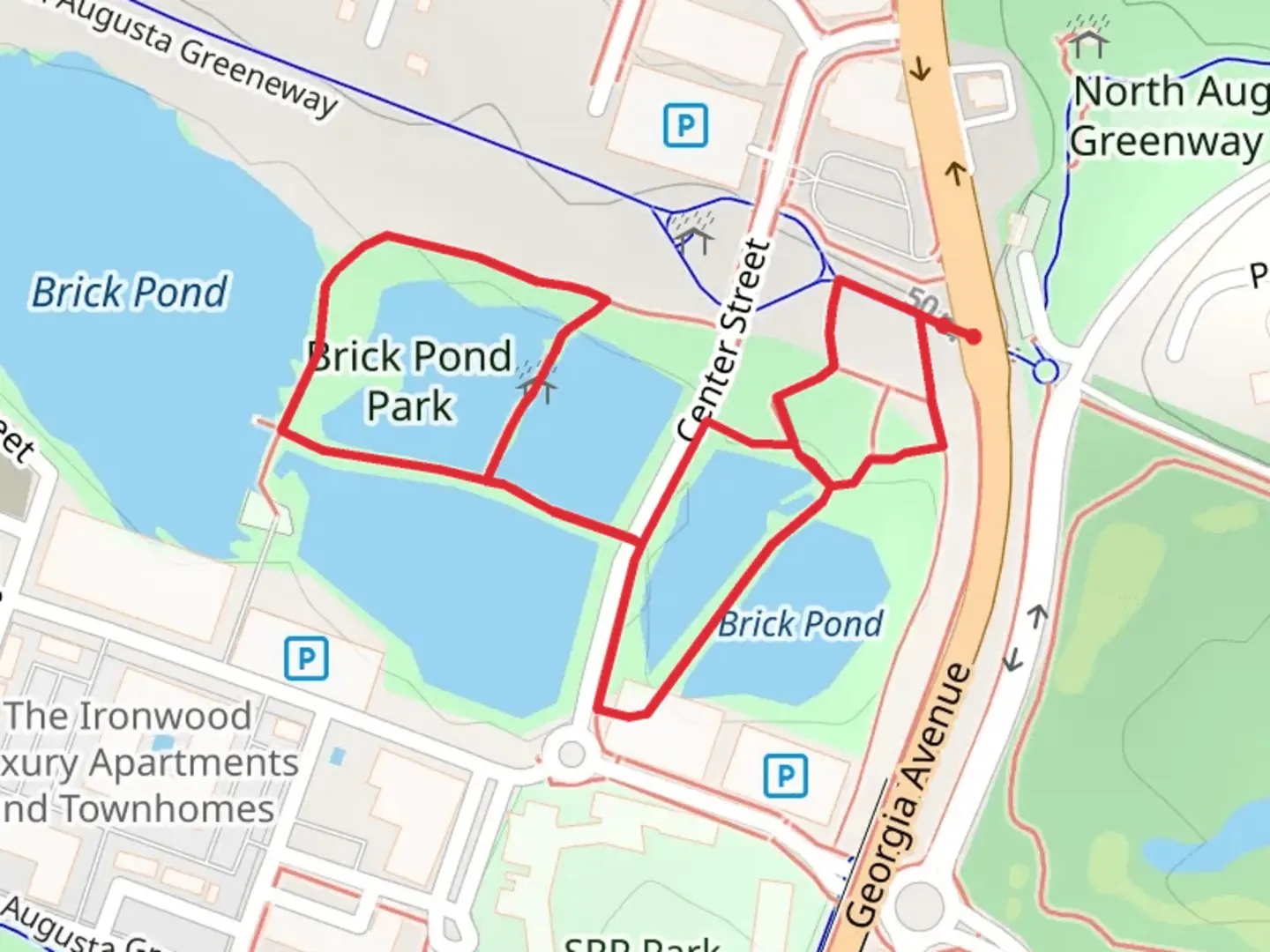 An image depicting the trail Brick Pond Park Loop and its surrounding area.