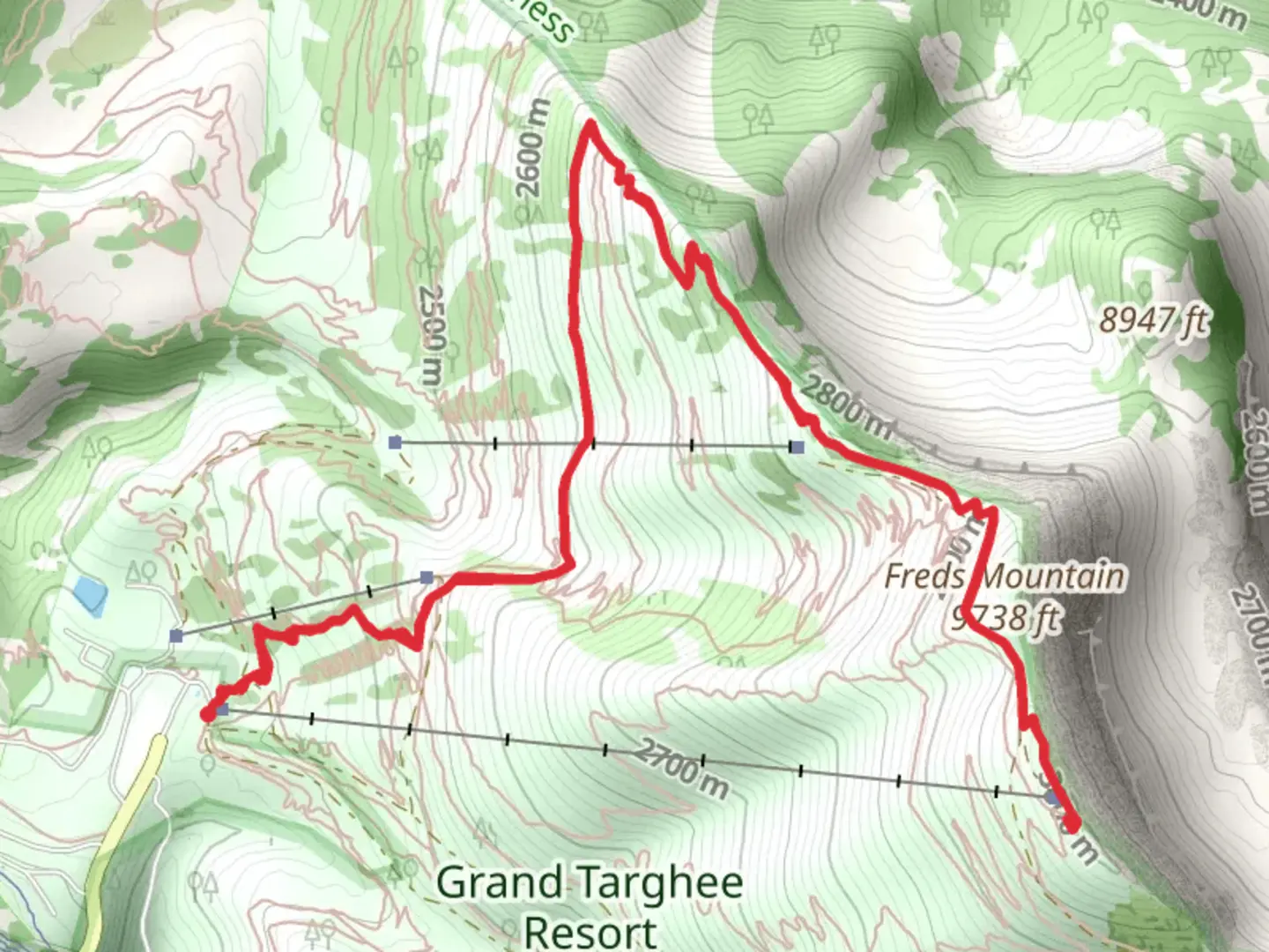 An image depicting the trail Dreamcatcher Lift and Freds Mountain via Bannock Trail and its surrounding area.