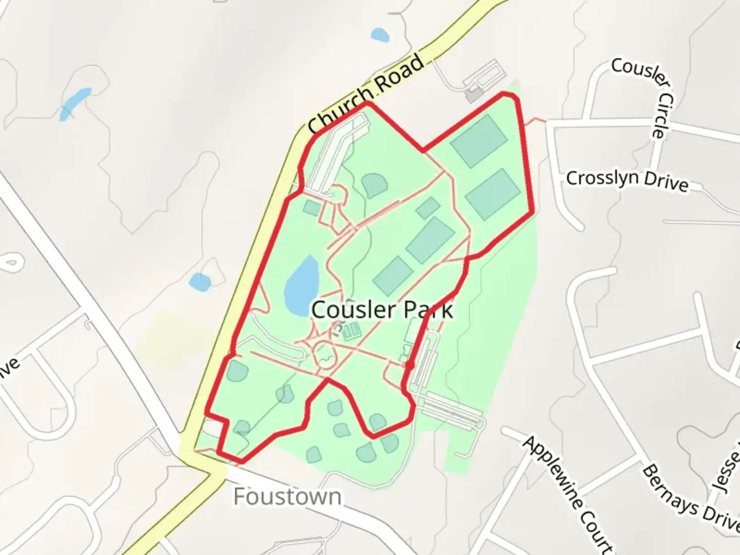 An image depicting the trail Cousler Park and Pond Loop Trail and its surrounding area.