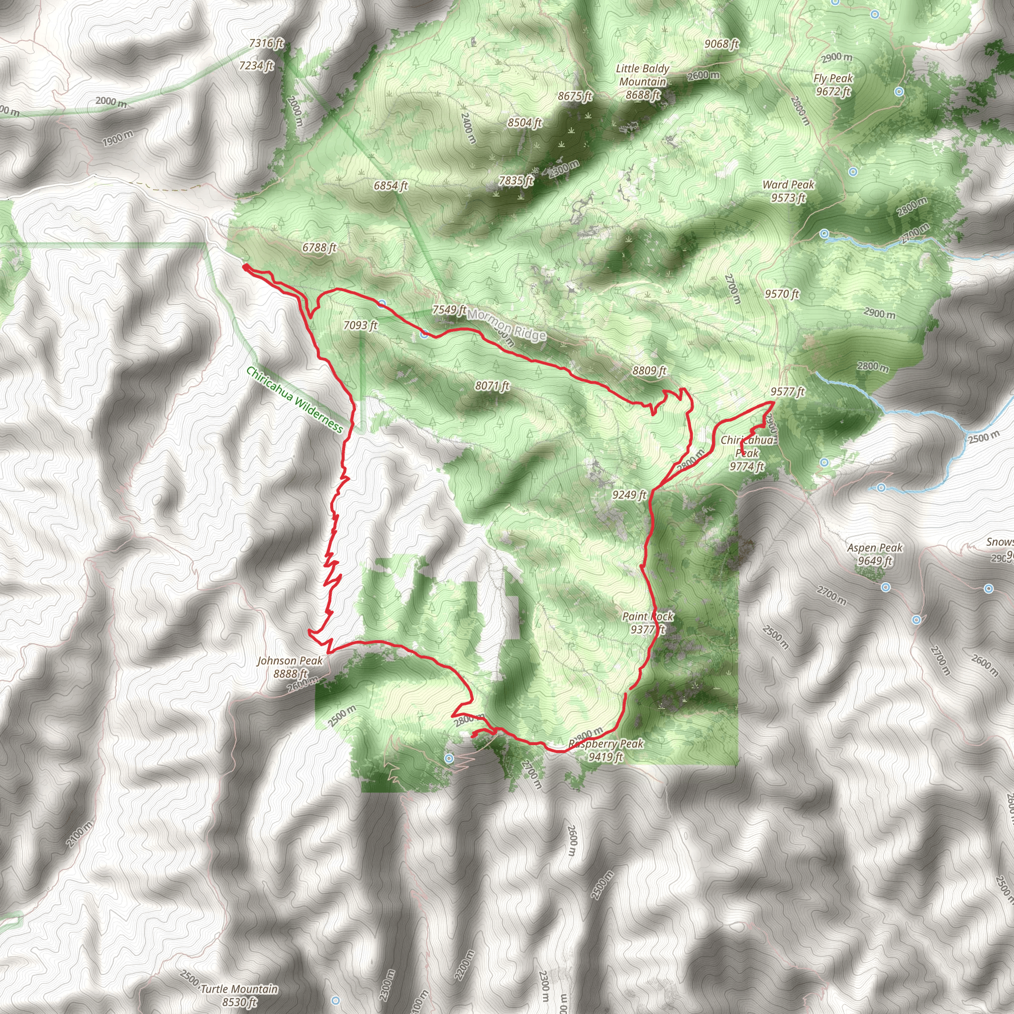 Chiricahua Peak and Monte Vista Peak Loop Trail mobile static map