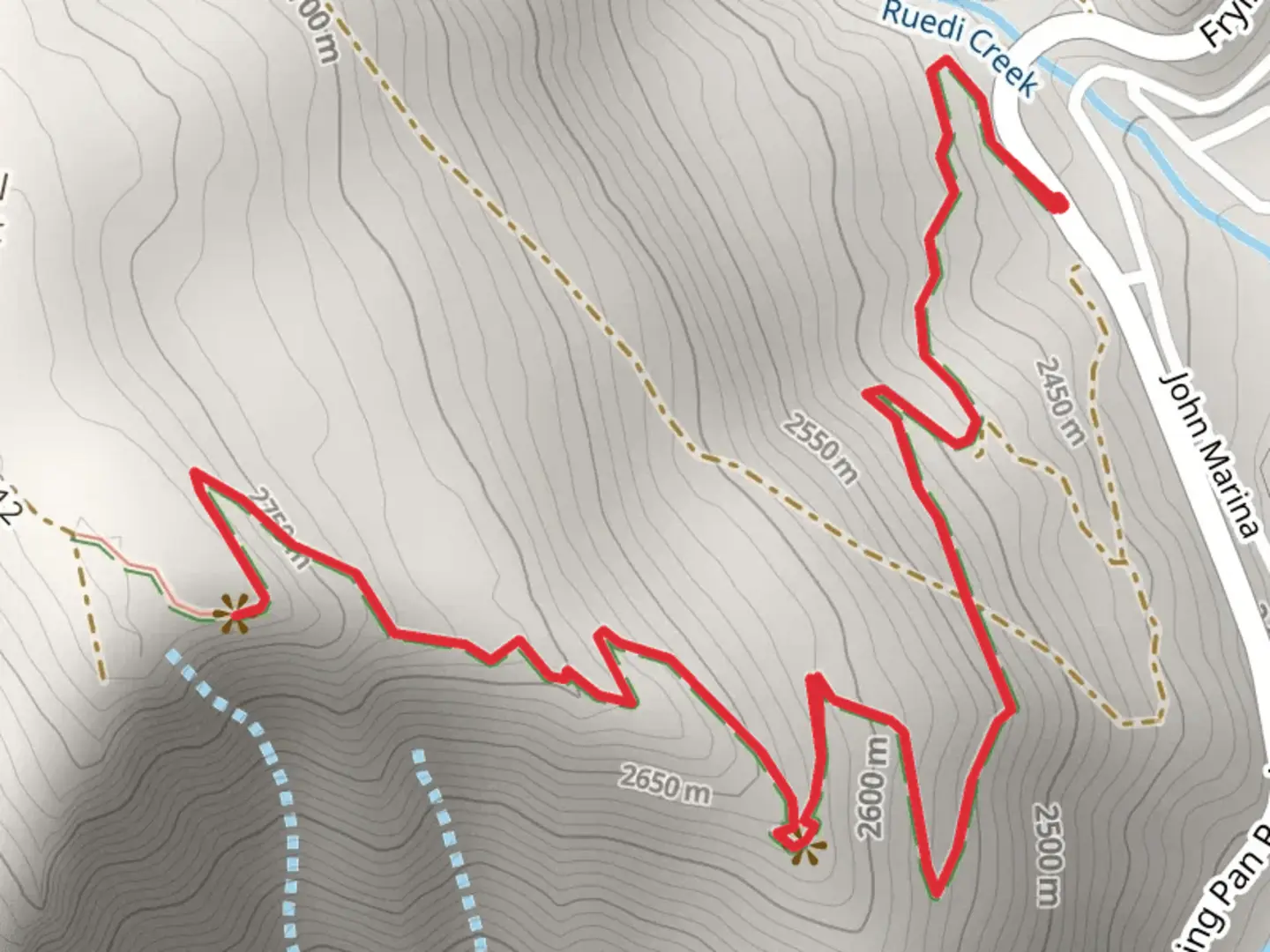 An image depicting the trail Ruedi Overlook Trail Out and Back and its surrounding area.