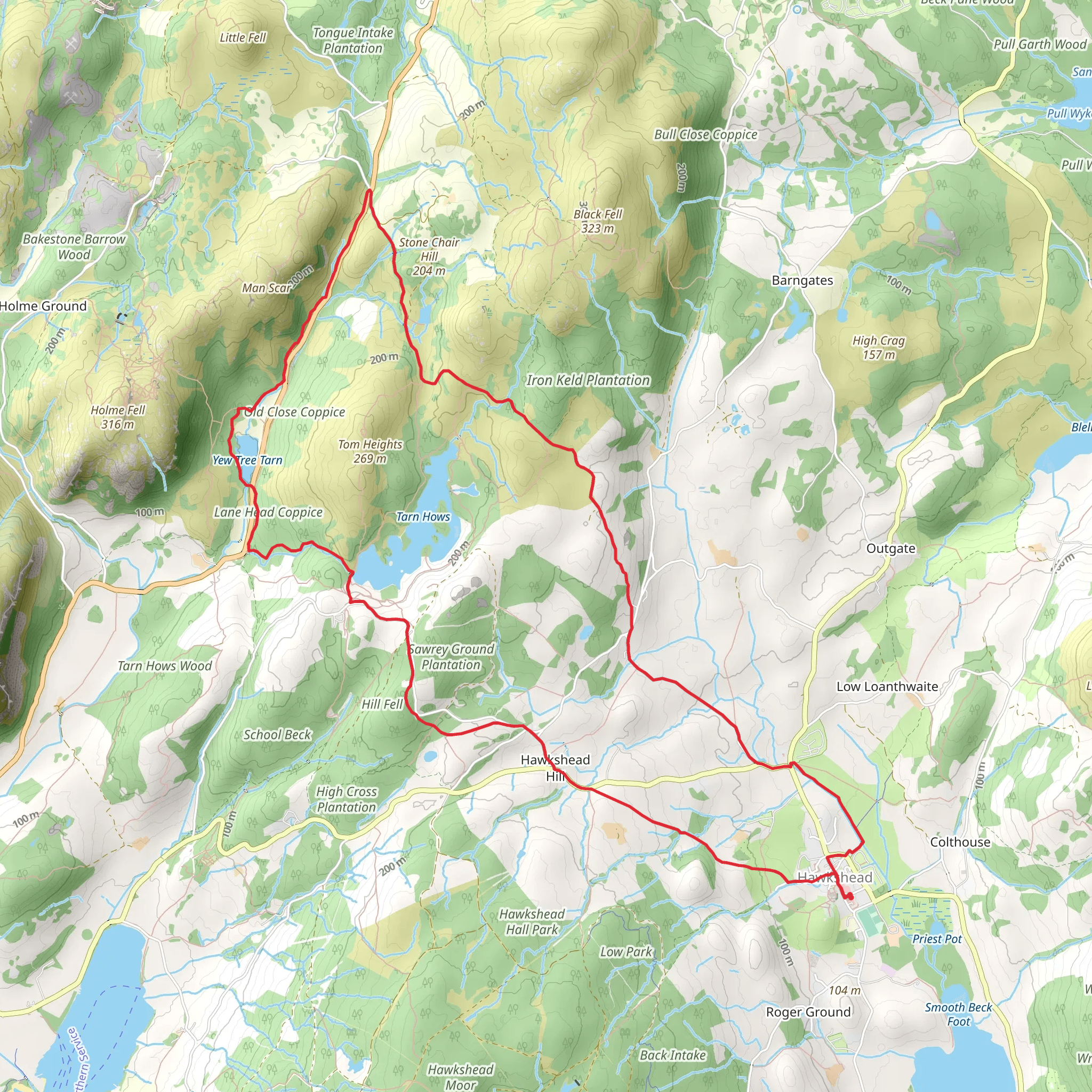 Hawkshead, Tarn Hows and Yew Tree Tarn Loop mobile static map