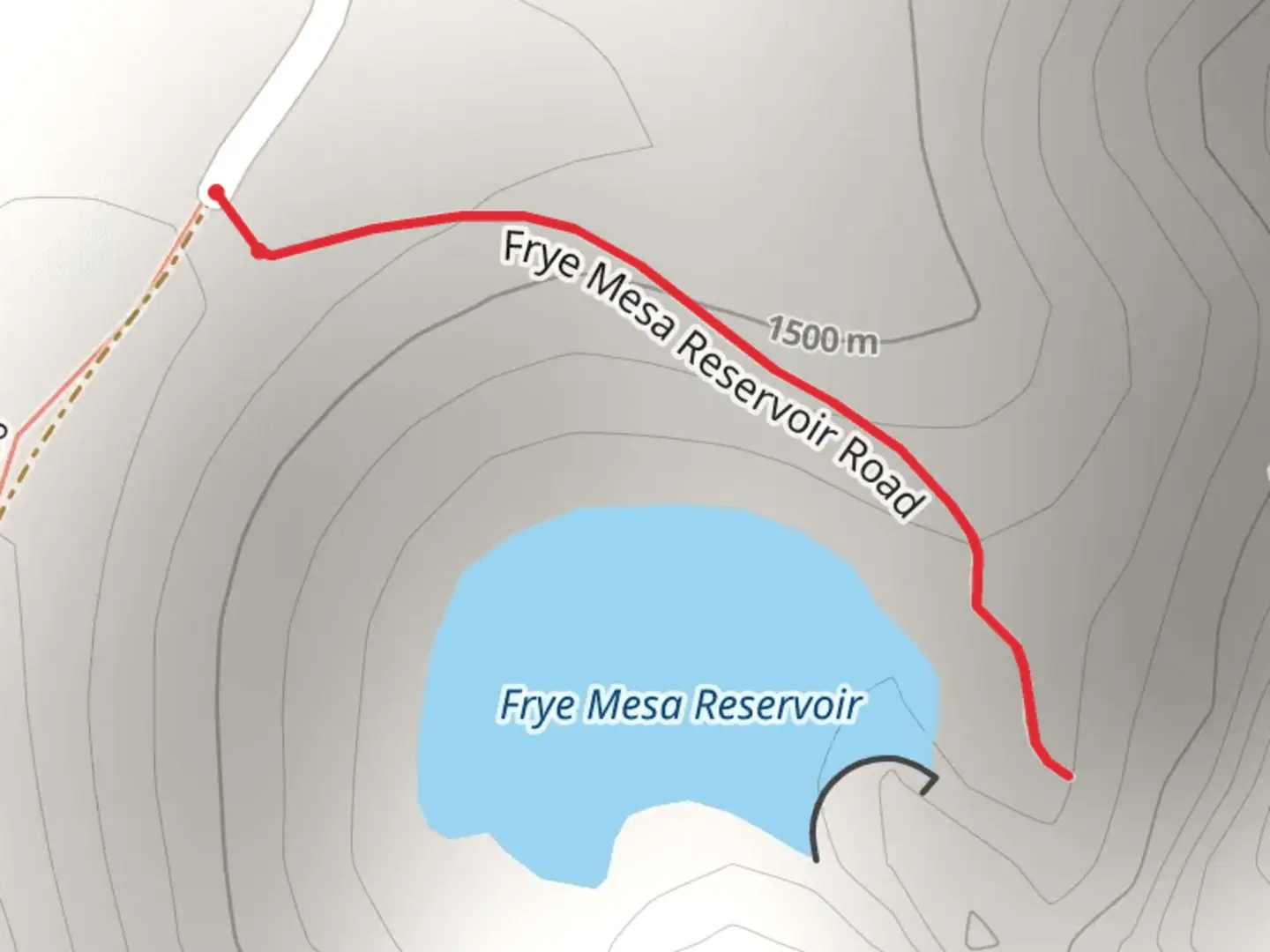 An image depicting the trail Frye Mesa Reservoir and its surrounding area.