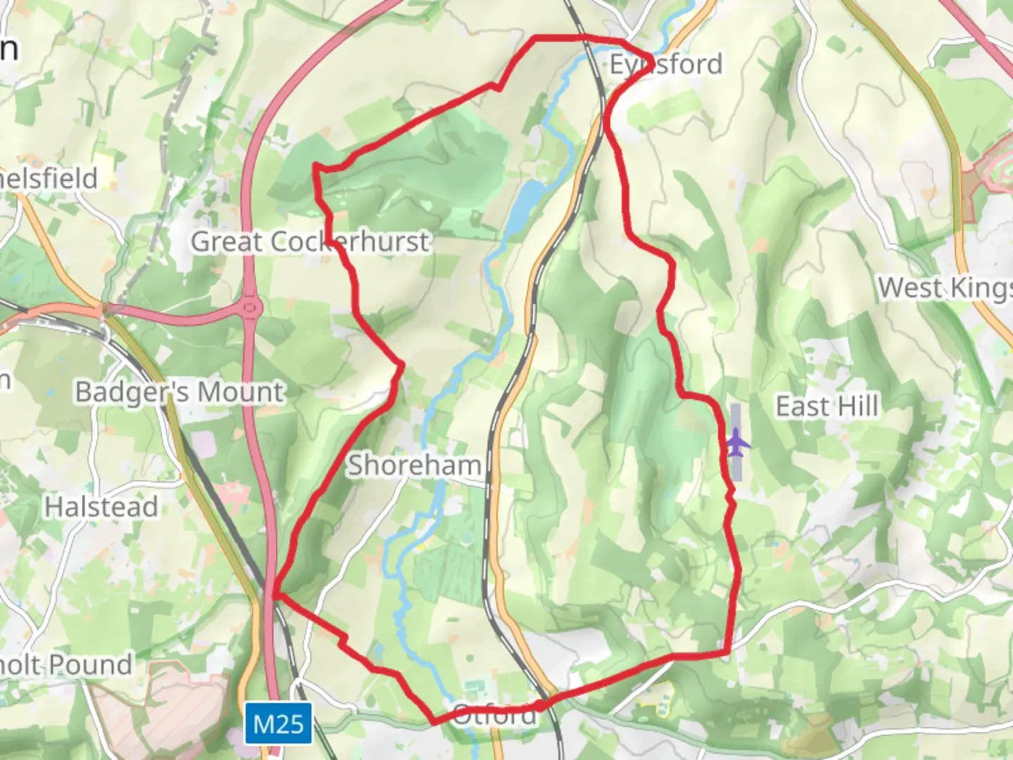 An image depicting the trail Otford to Eynsford Loop and its surrounding area.