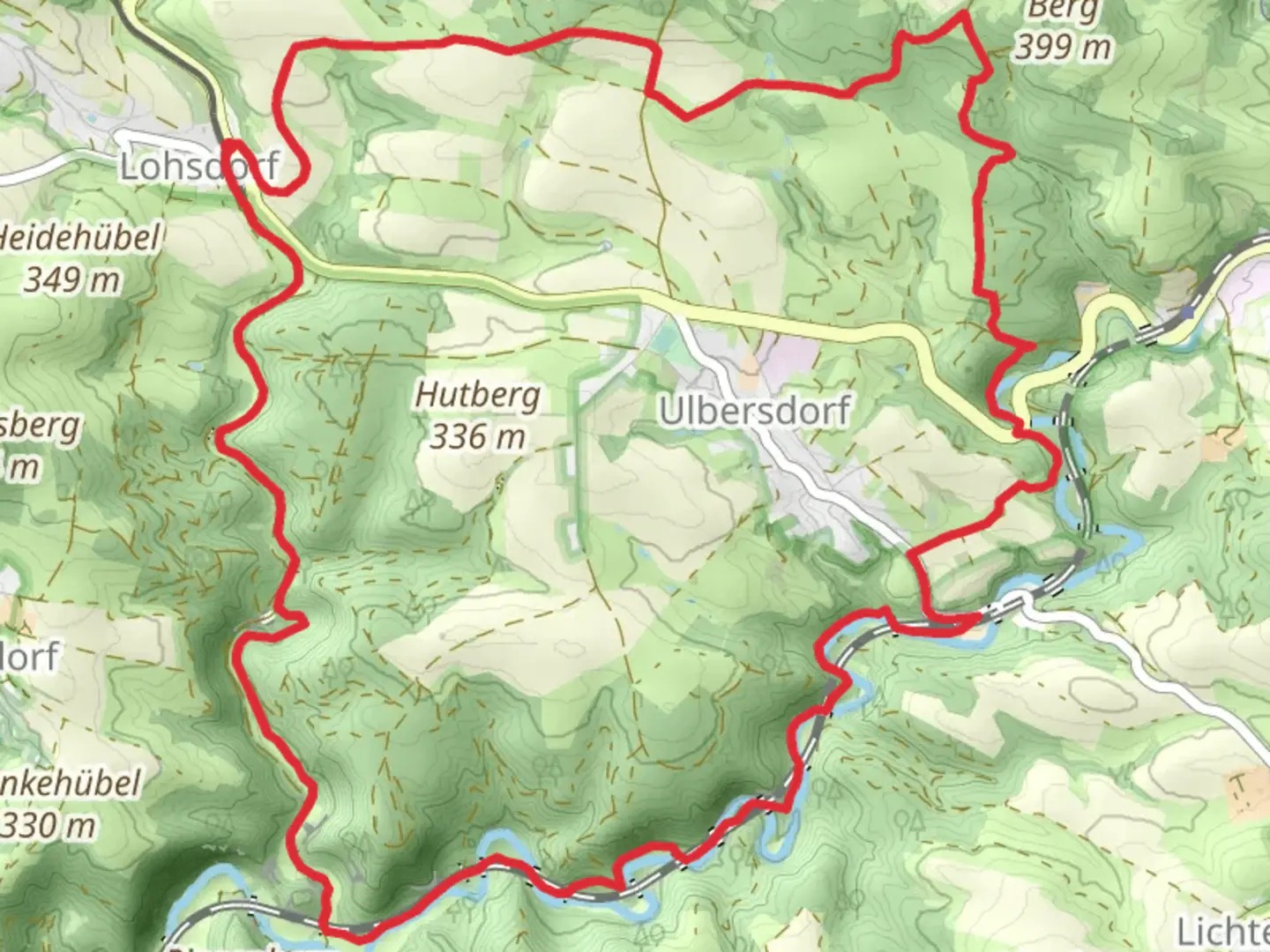 An image depicting the trail Lohsdorf and Ulbersdorf Loop and its surrounding area.