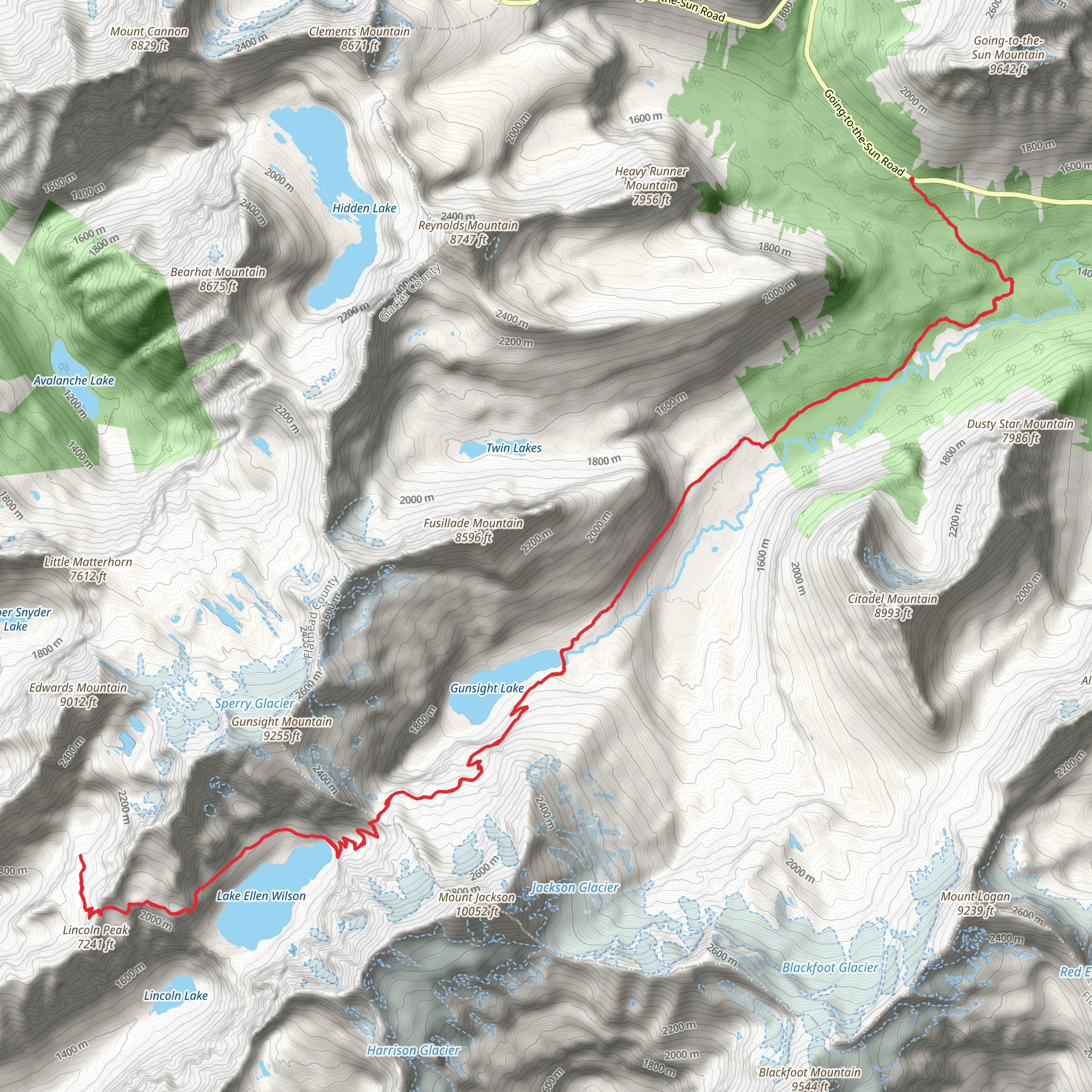 Gunsight Pass, Lake Ellen Wilson and Gunsight Lake via Piegan Pass mobile static map