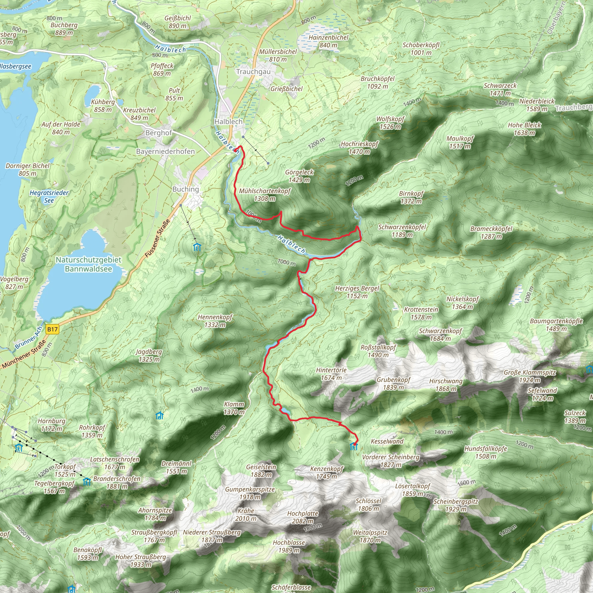 Halblech to Kenzenhuette via Bockstallsee and Schwarzengrabenweg mobile static map
