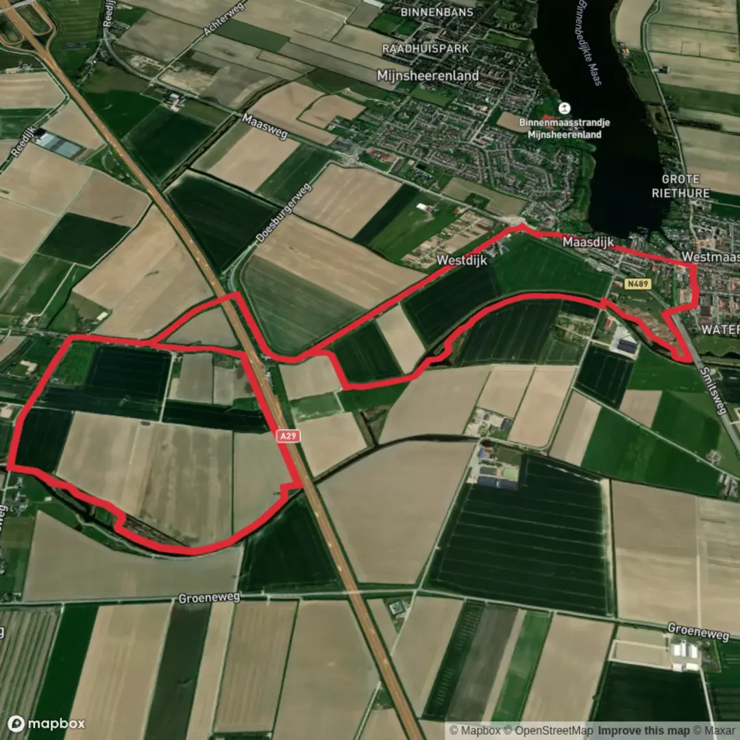 An image depicting the trail Mijnsheerenland via Westdijk Route and its surrounding area.