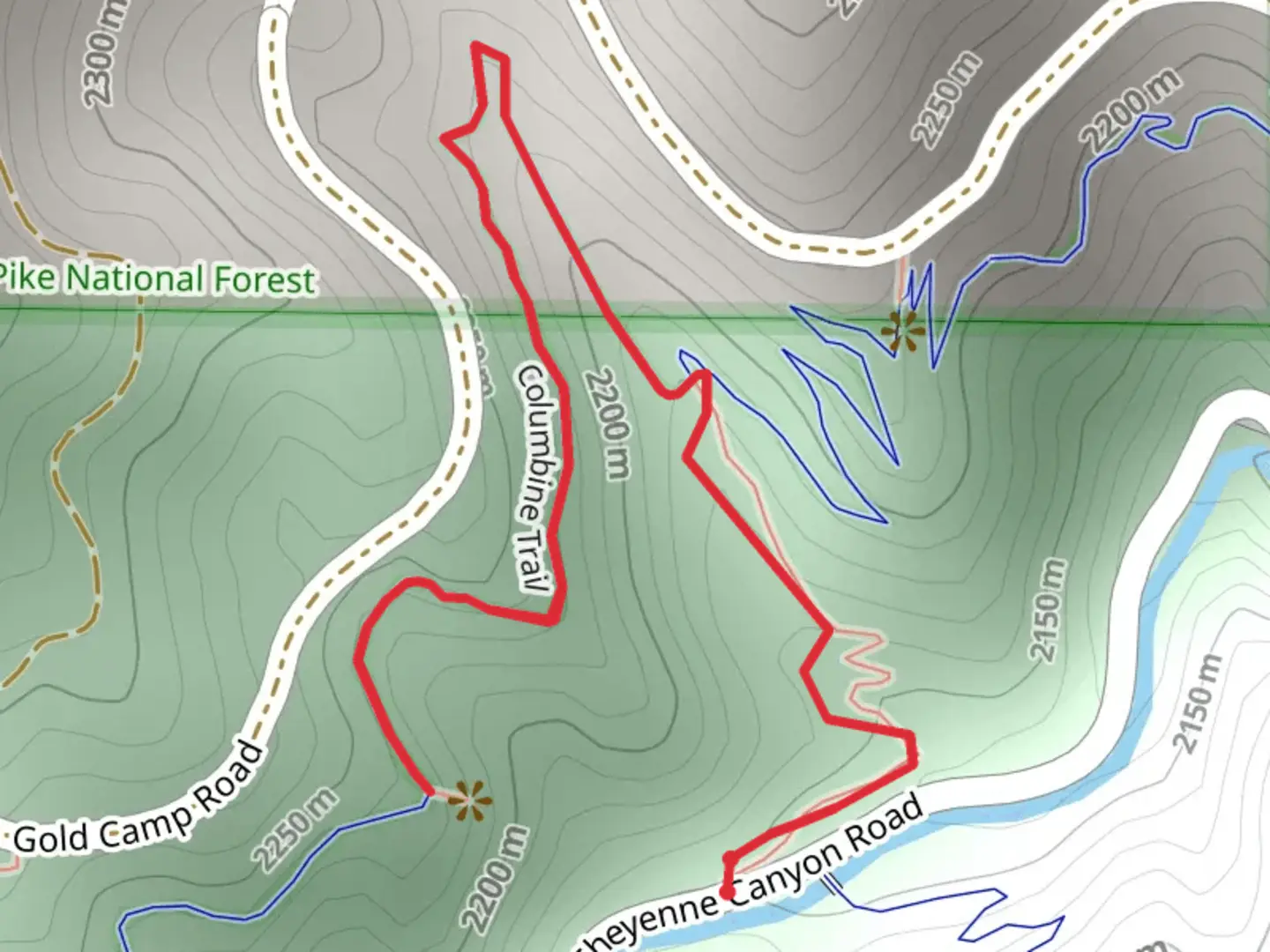 An image depicting the trail Columbine Trail Out and Back and its surrounding area.