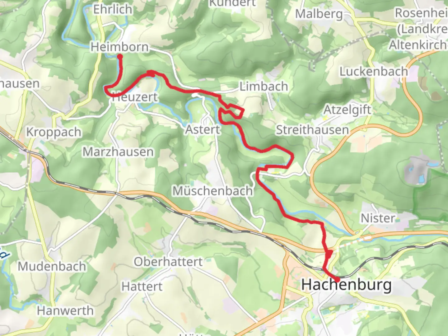 An image depicting the trail Heimborn to Hachenburg via Marienwanderweg and its surrounding area.