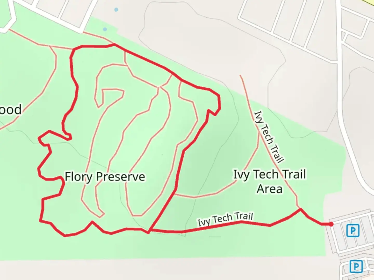 An image depicting the trail Ivy Tech and Flory Corridor Loop Trail and its surrounding area.