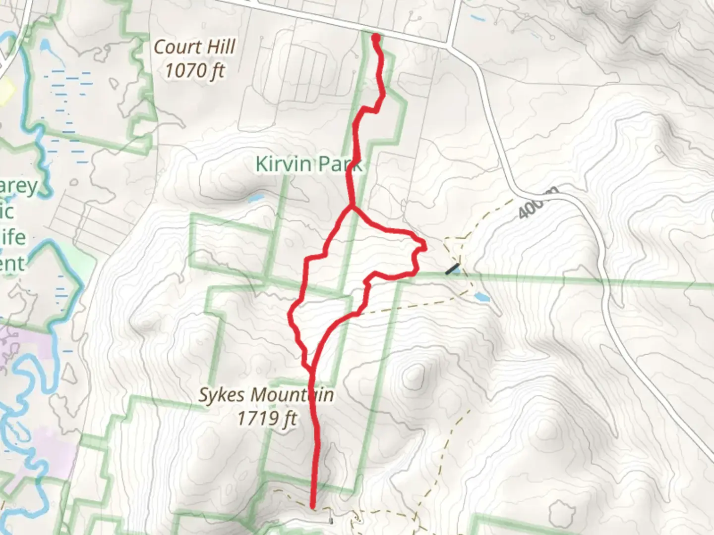 An image depicting the trail Sackett Brook and Ashley Brook Loop in Kirvin Park and its surrounding area.