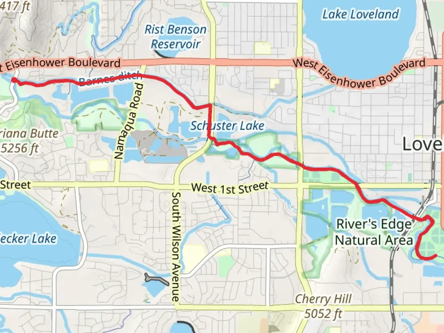 An image depicting the trail Big Thompson River Trail - Oxbow Natural Area and its surrounding area.