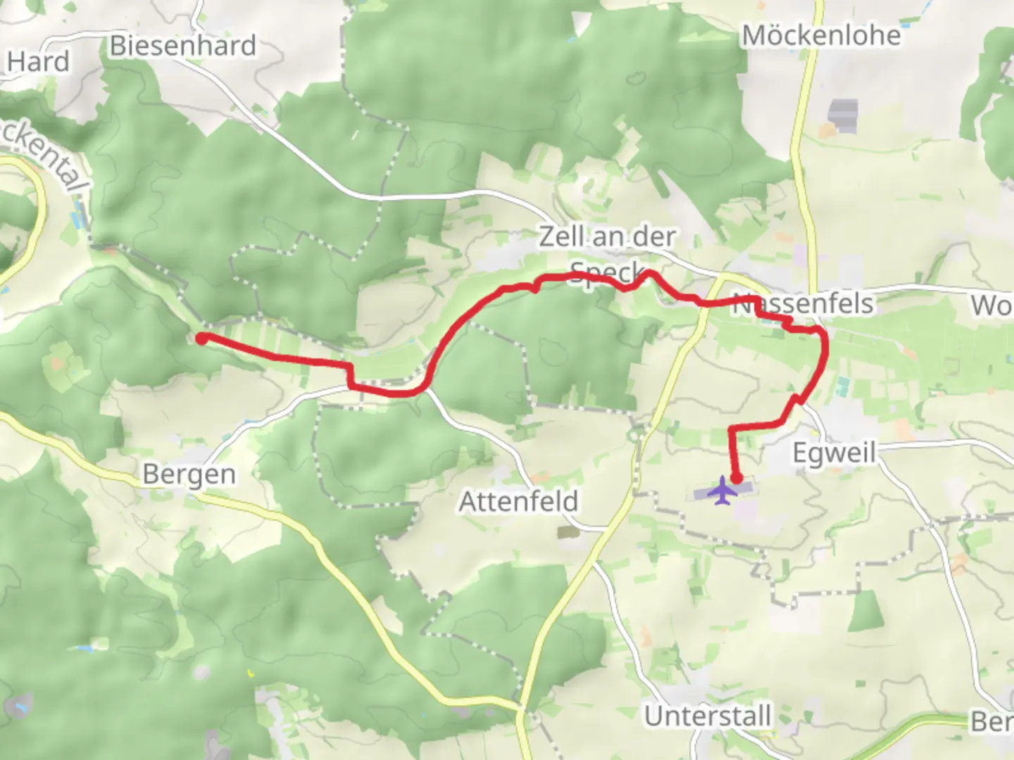 An image depicting the trail Egwell to Saechenfartmuehle via Speckberg Runde and Main Donau Weg and its surrounding area.