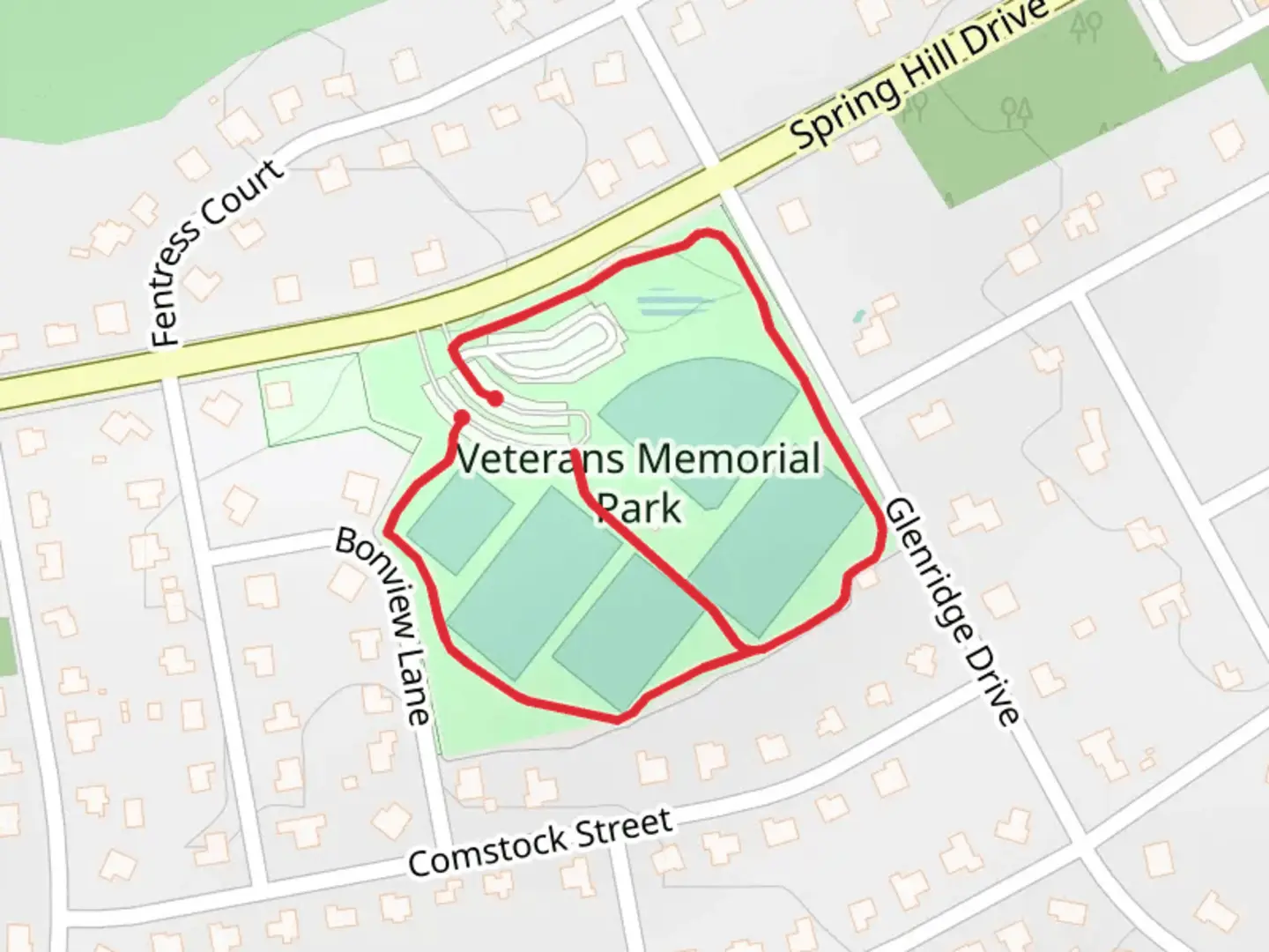 An image depicting the trail Veterans Memorial Park Loop and its surrounding area.
