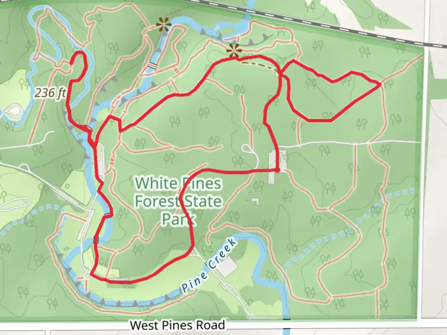 An image depicting the trail Sleepy Hollow, Sunset and Whispering Pine Loop Trail and its surrounding area.