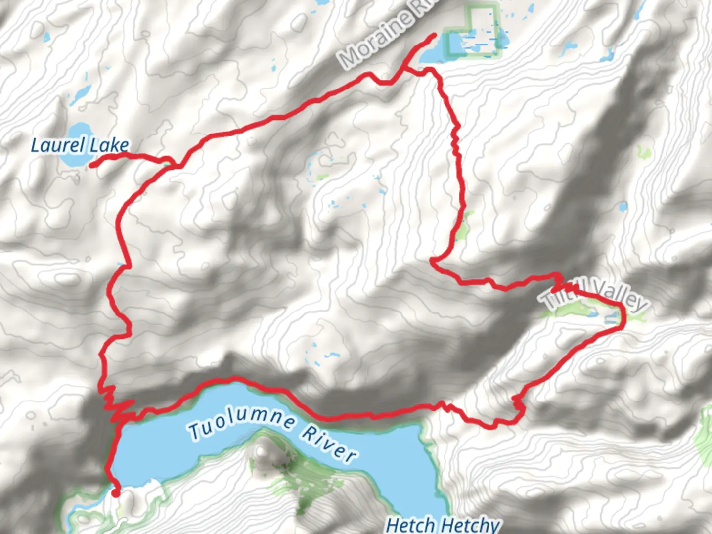 An image depicting the trail Hetch Hetchy Reservoir, Lake Vernon and Laurel Lake Loop and its surrounding area.