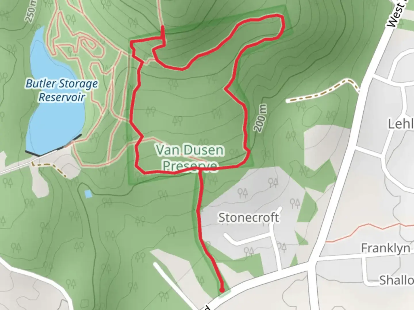 An image depicting the trail Van Dusen Preserve Loop Trail and its surrounding area.
