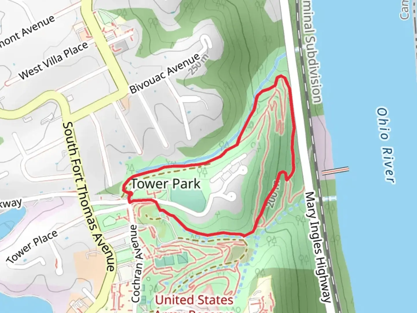 An image depicting the trail Tower Park Loop and its surrounding area.