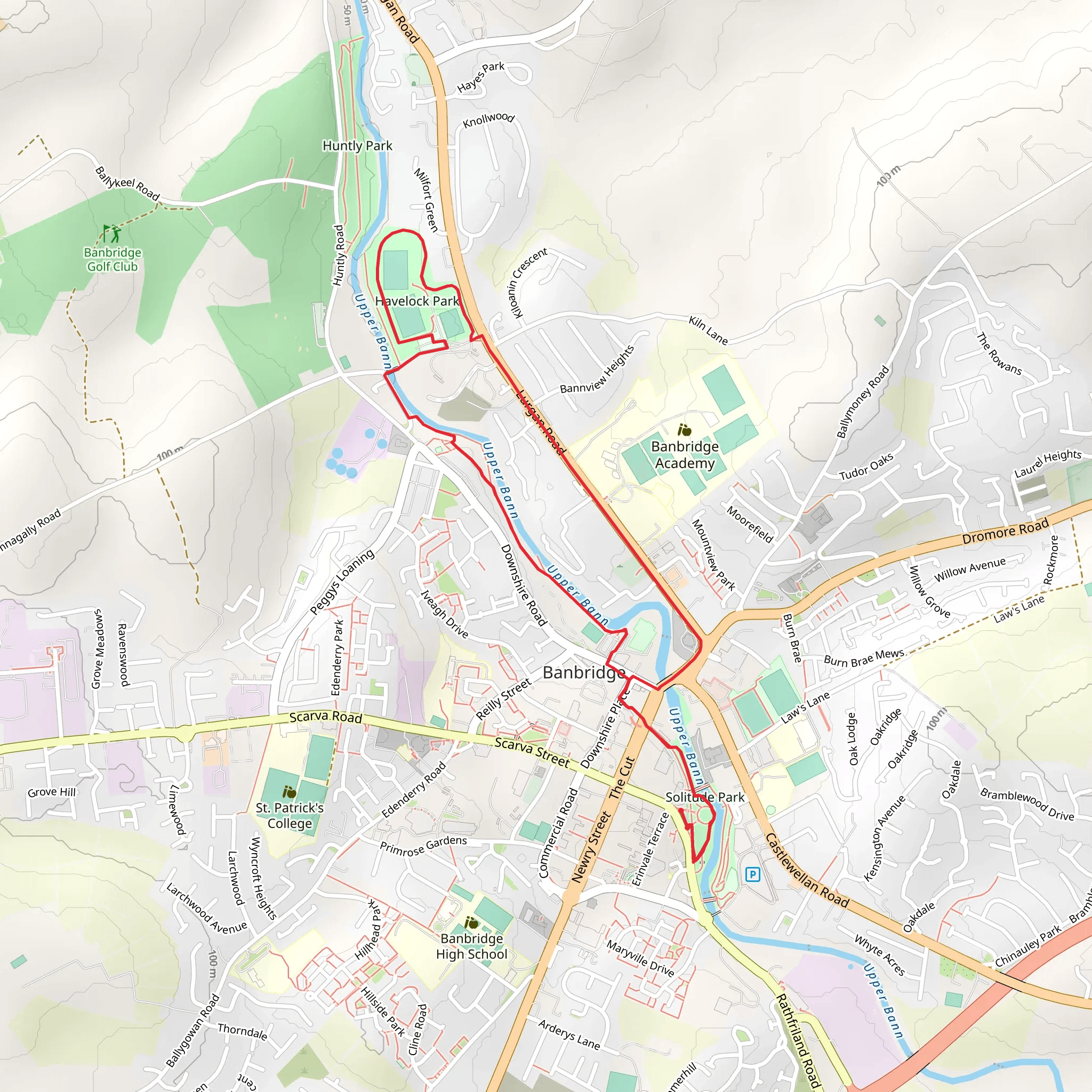 Banbridge Riverside Walk and Solitude Park mobile static map