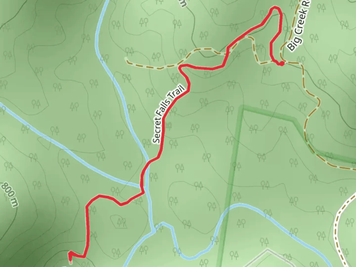 An image depicting the trail Big Creek via Secret Falls Trail and its surrounding area.