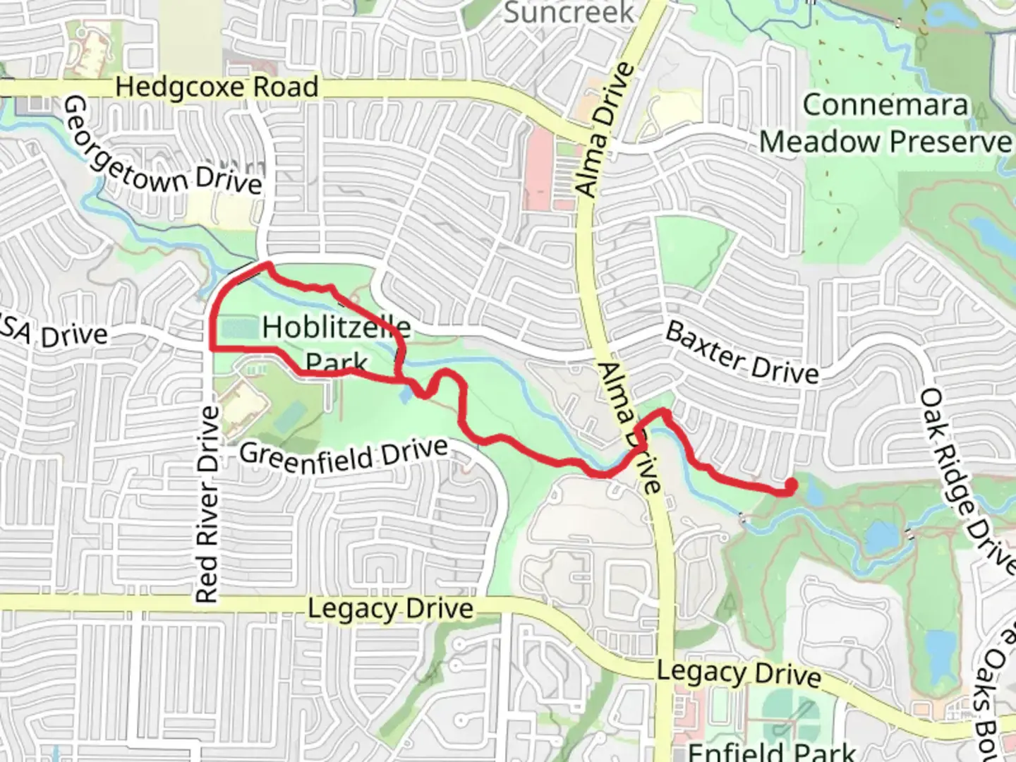 An image depicting the trail Hoblitzelle Park Loop and its surrounding area.