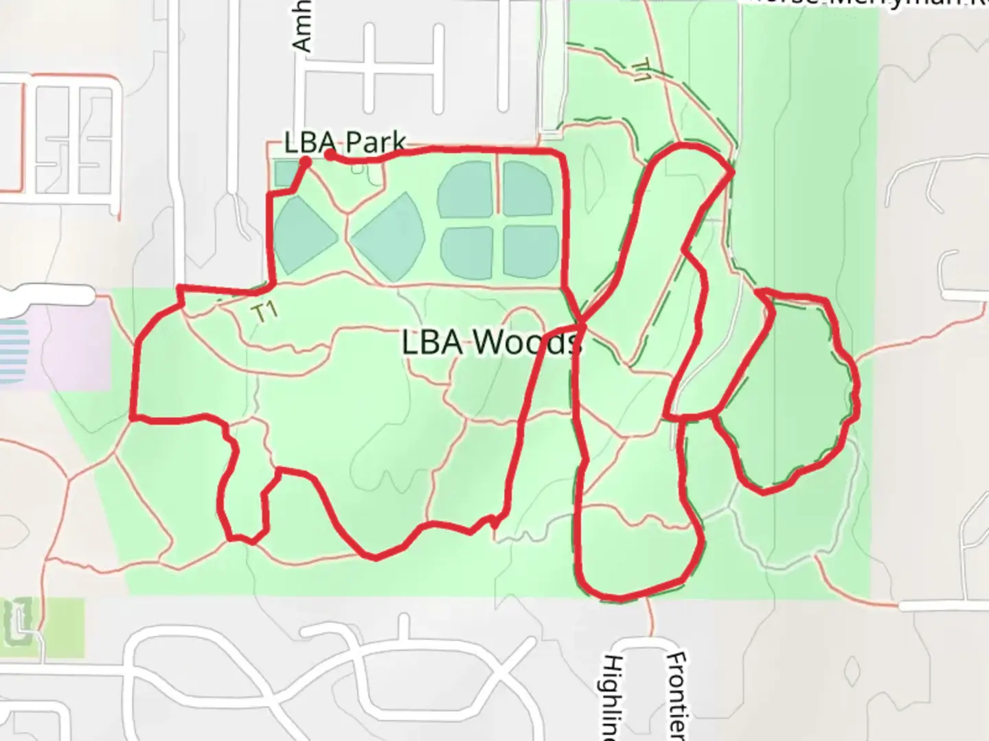 An image depicting the trail LBA Woods Loop and its surrounding area.