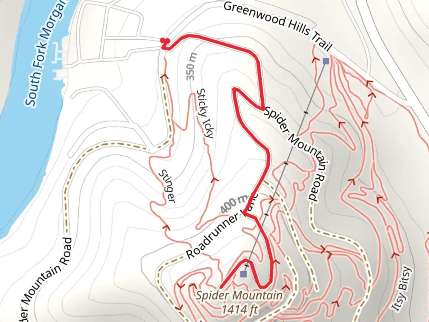 An image depicting the trail Spider Mountain from Greenwood Hills Trail and its surrounding area.
