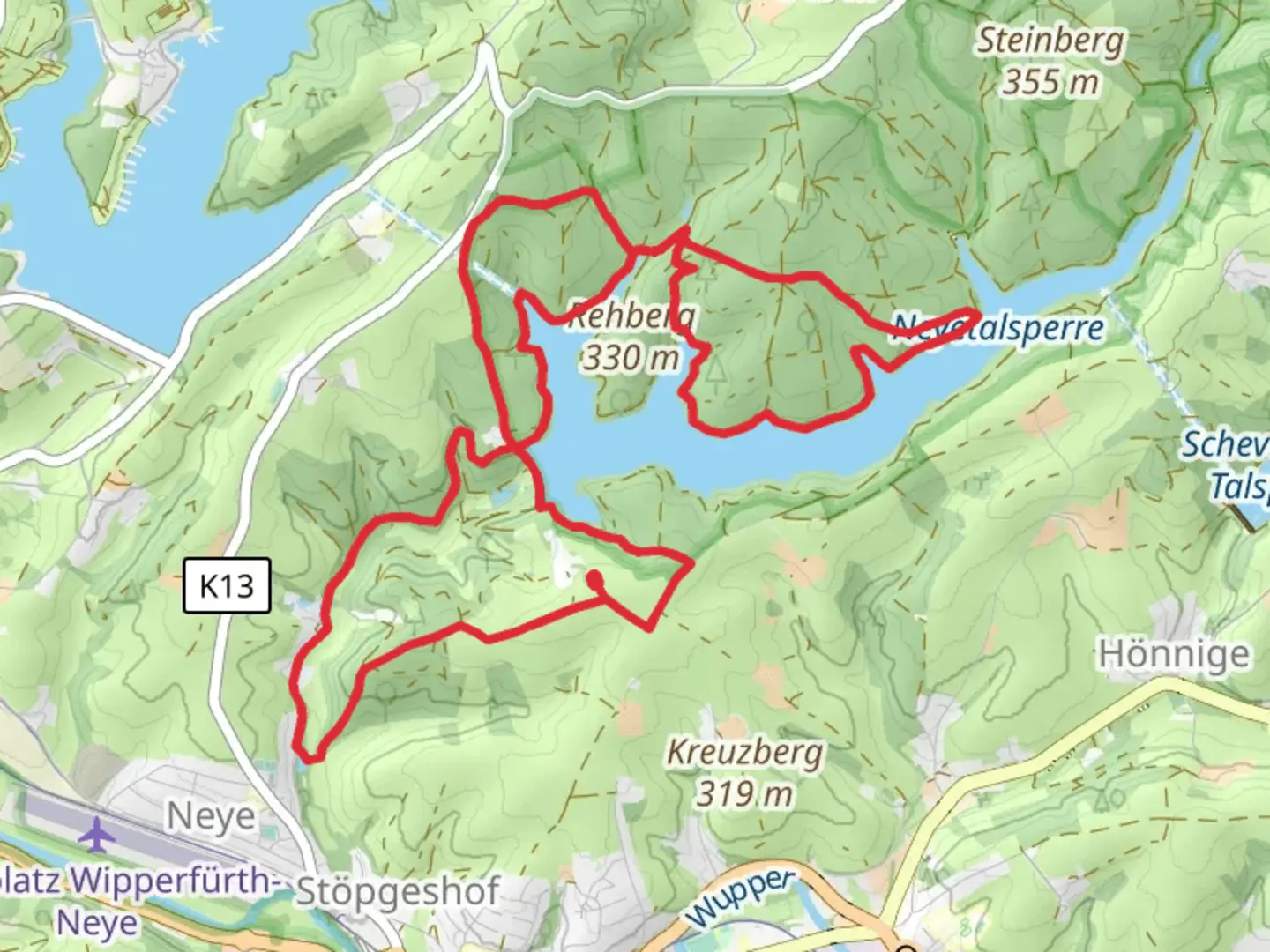An image depicting the trail Neye via Heimatweg and Neyetalsperre and its surrounding area.