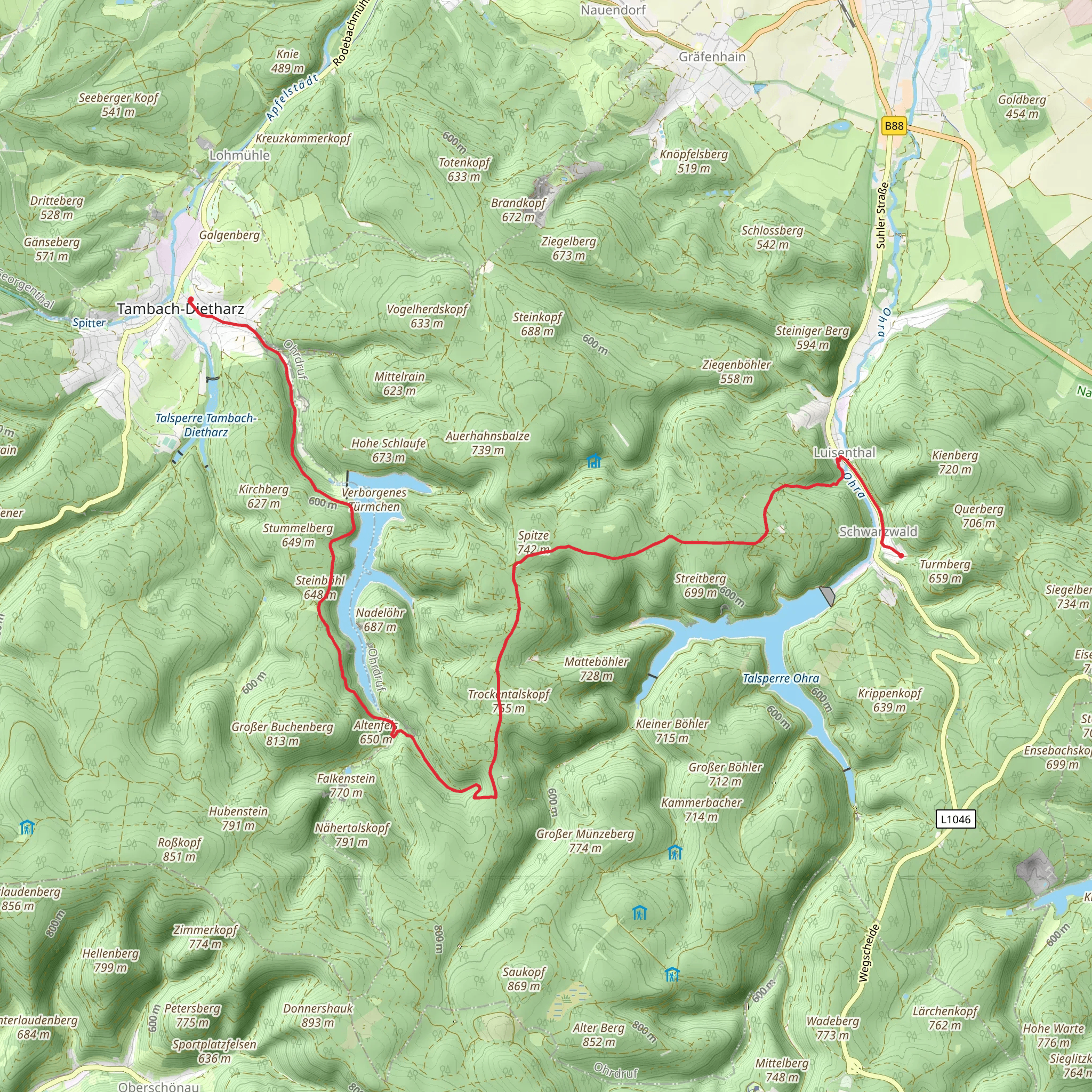 Tambach Dietharz to Burg Schwarzwald Walk via Talsperre Schmalwasser mobile static map