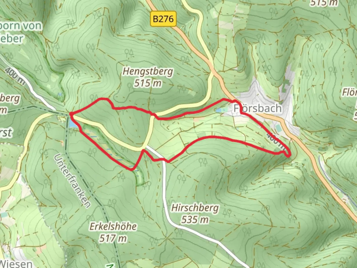 An image depicting the trail Wiesbüttsee, Drei Buchen and Florsbach Loop and its surrounding area.