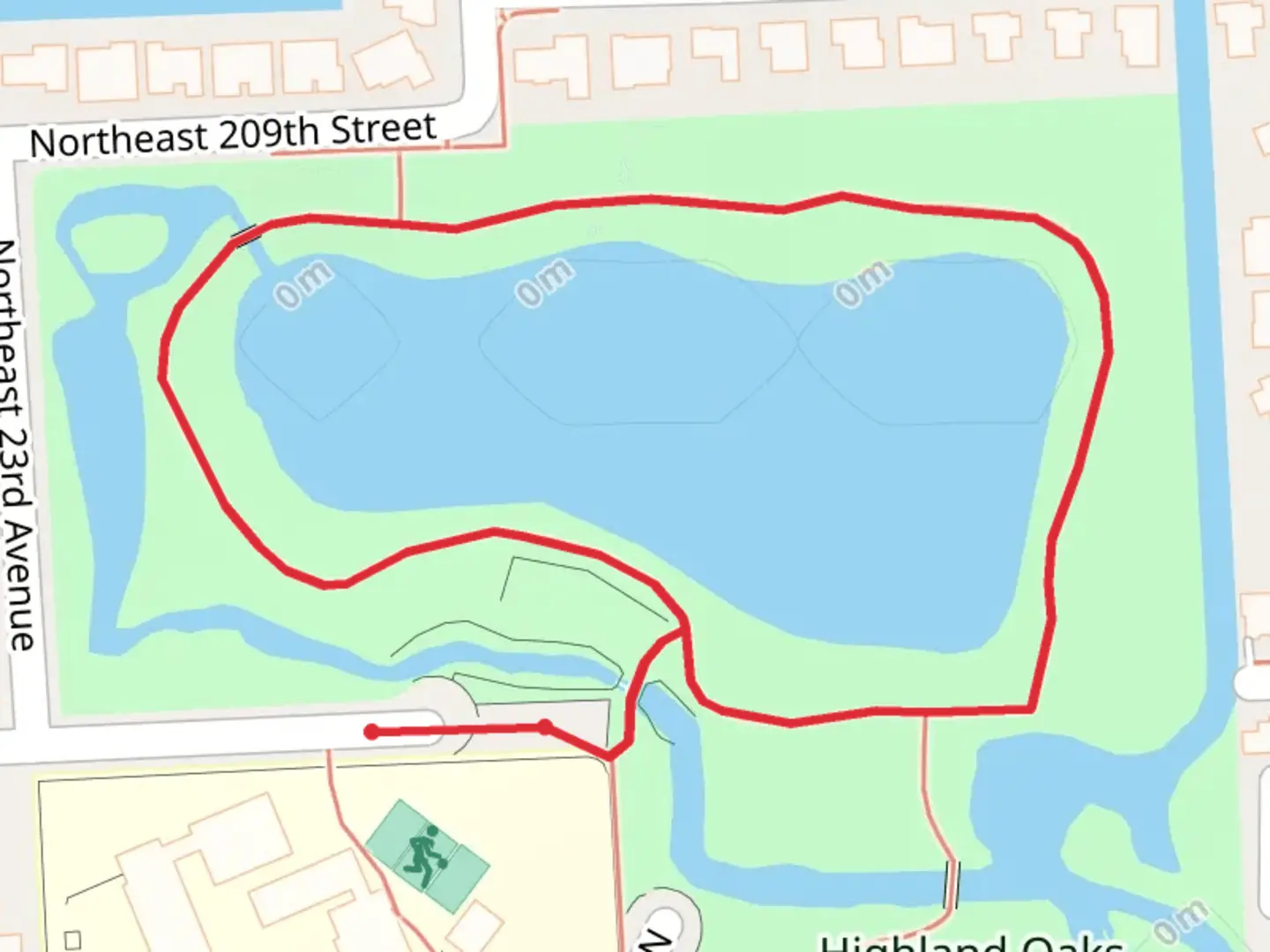An image depicting the trail Highland Oaks Park Loop and its surrounding area.