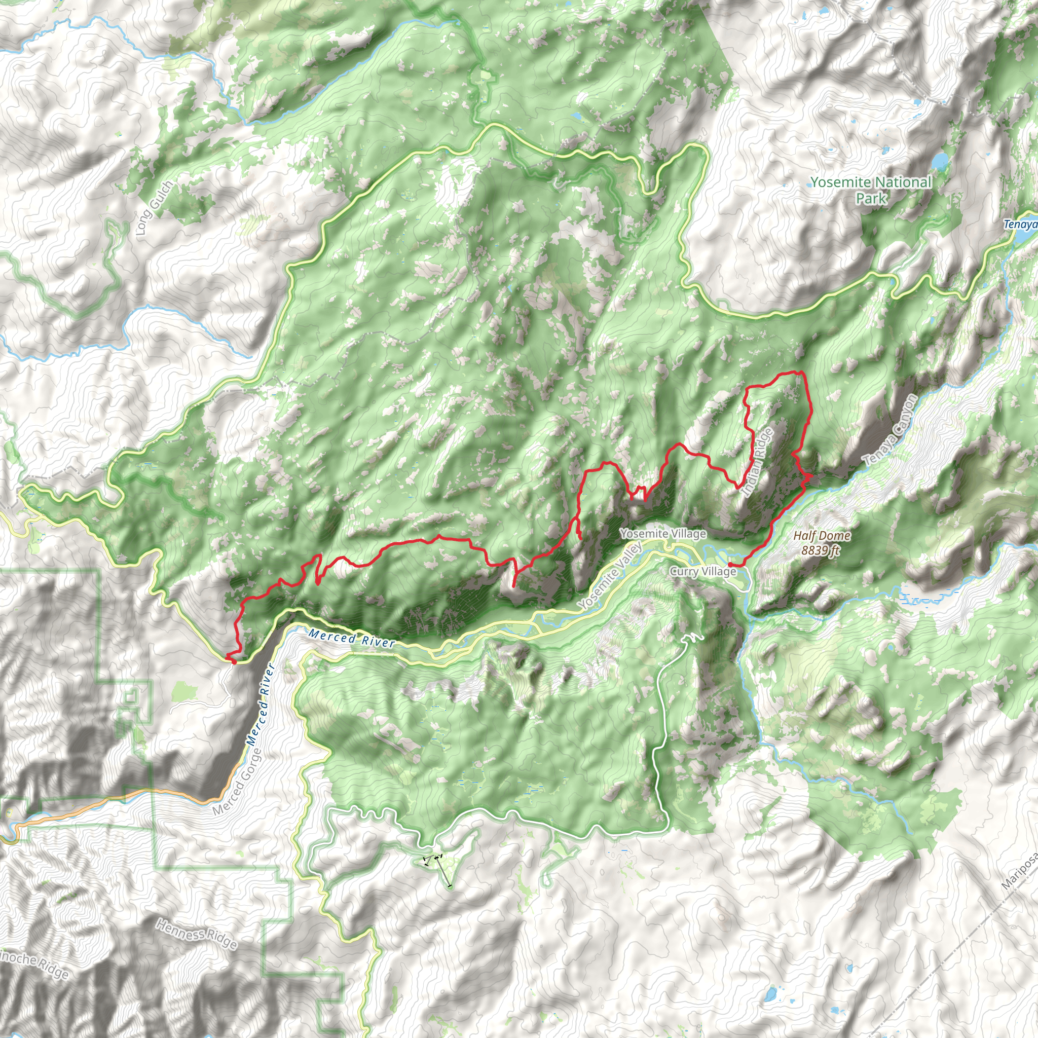Old Big Oak Flat Road, El Capitan, Eagle Peak, Yosemite Point and Snow Creek Trail mobile static map