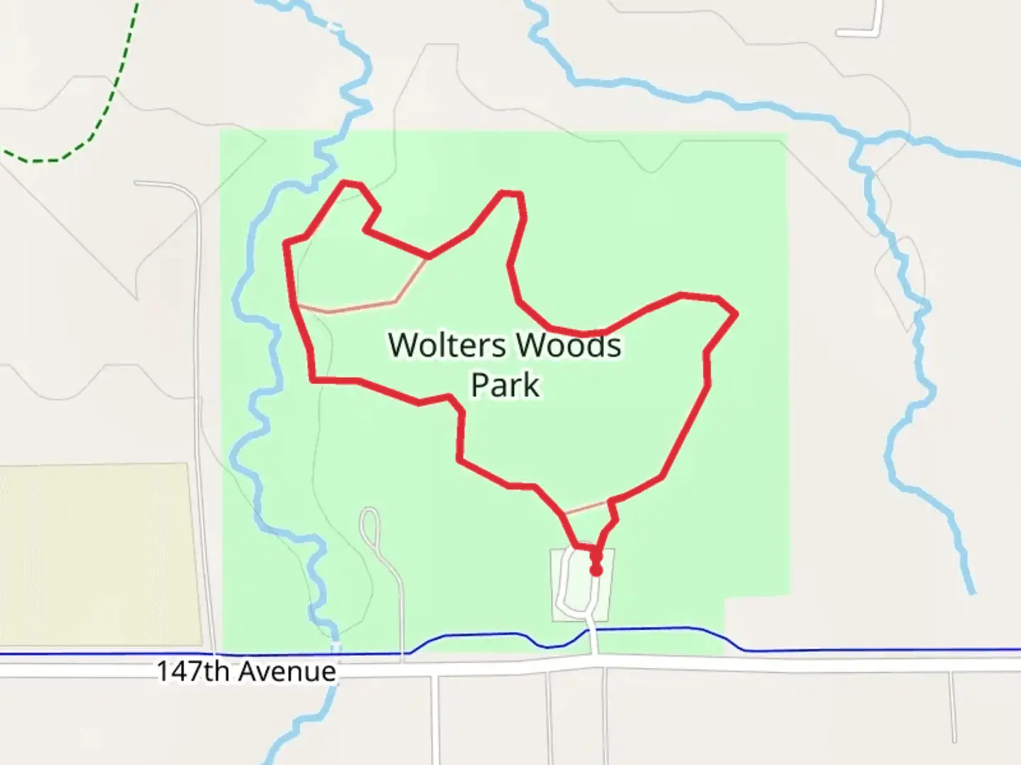 An image depicting the trail Wolters Woods Park Loop and its surrounding area.